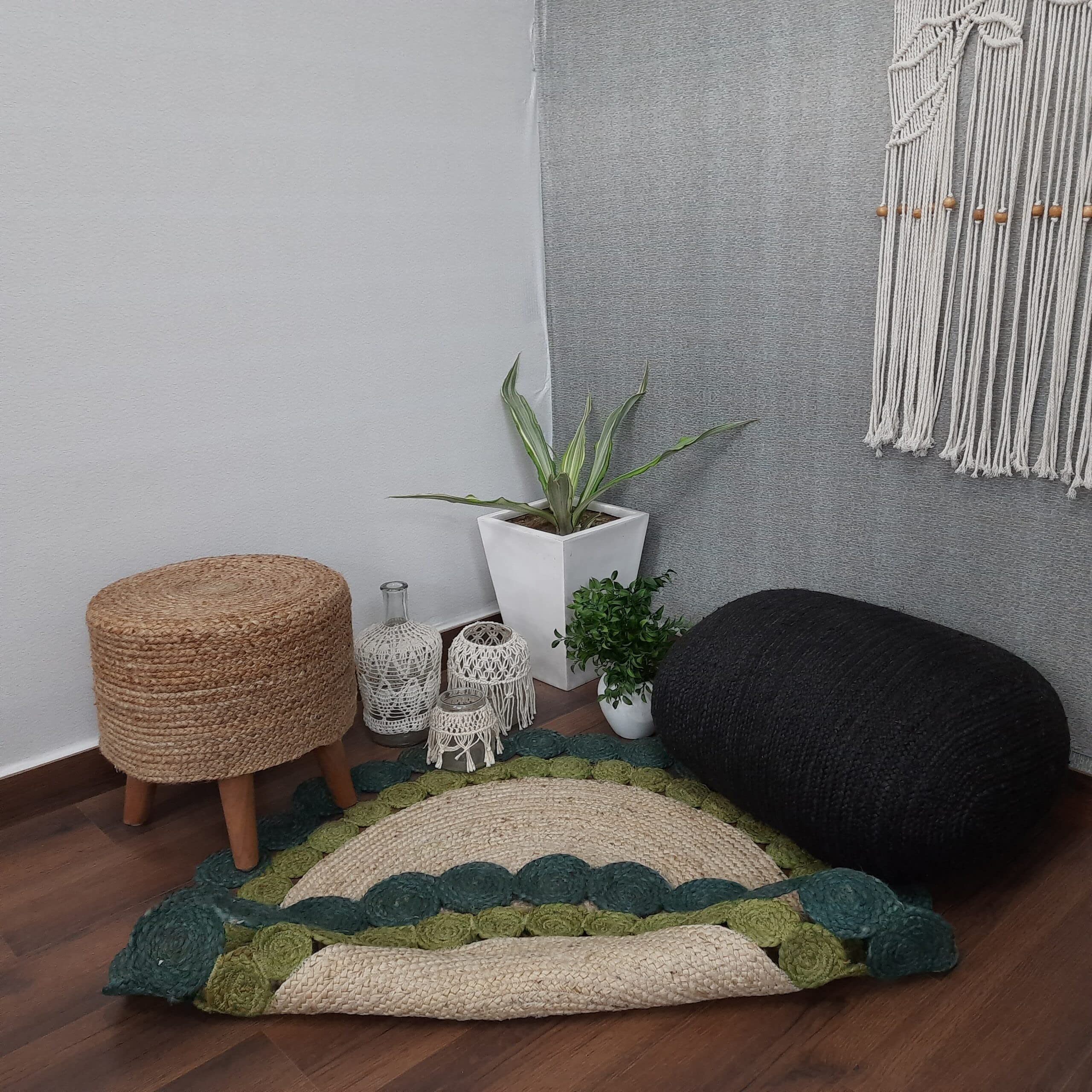 Tapis rond décoratif en jute naturel tressé à la main - Blanc et vert