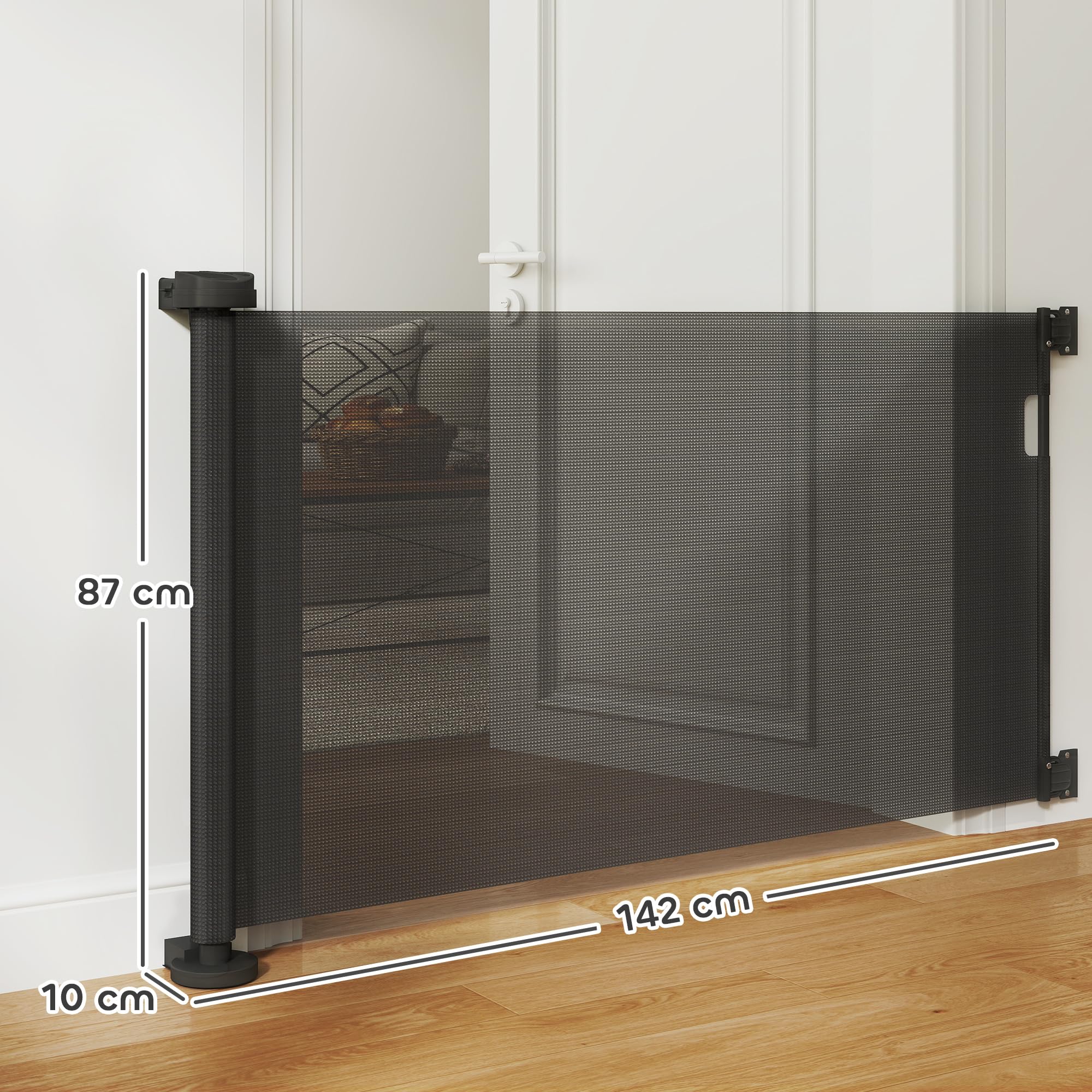 PawHut Barrera de Seguridad para Perros Retráctil 0-136 cm Puerta para Perros Pequeños Extensible con Interruptor de Cierre Red de Seguridad para Pasillos Escaleras Interiores y Exteriores Negro