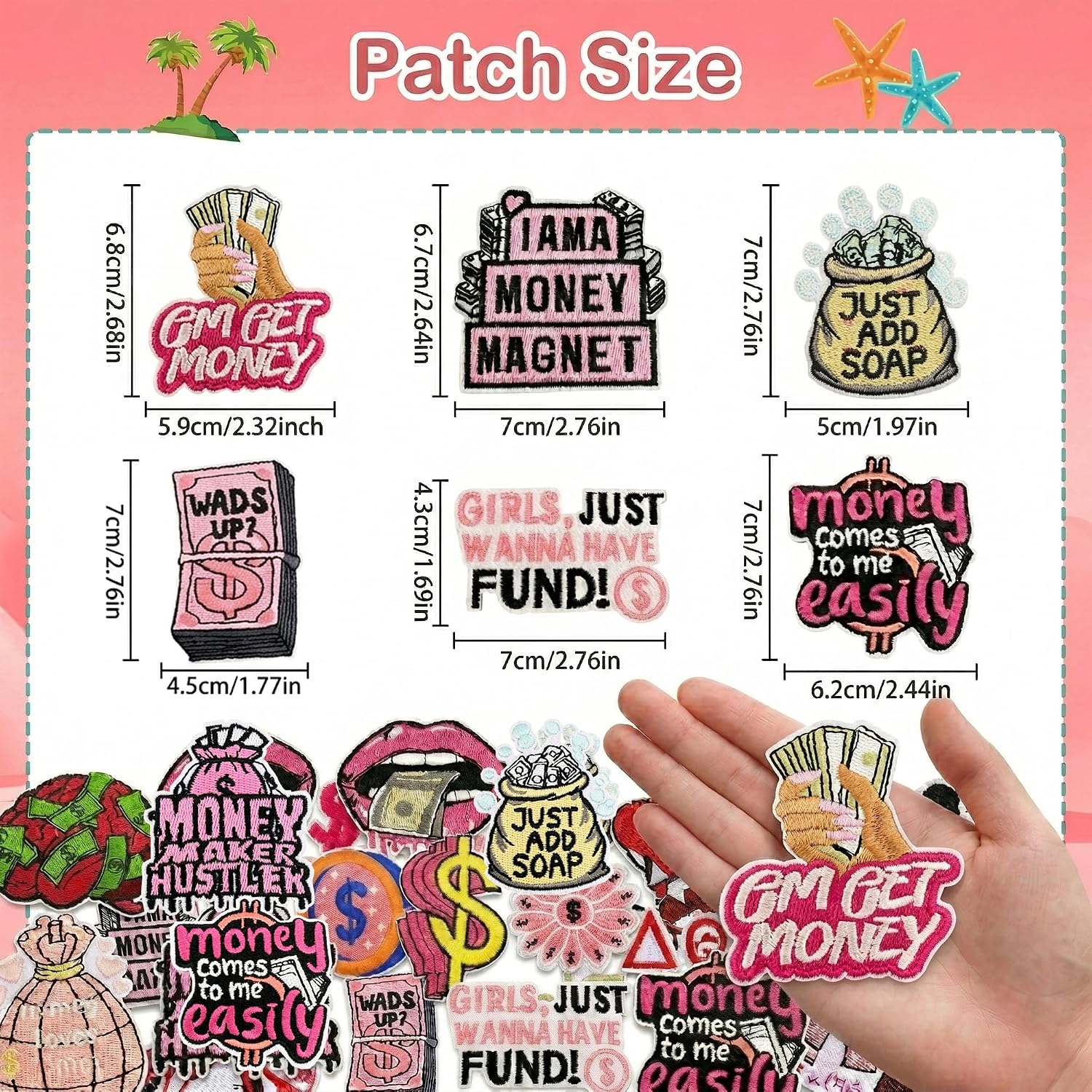 Jongdari 15pcs Money Theme Iron on Patches, Pink USD Dollar Signs Financial Motifs Embroidered Trucker Hat Sew on Applique Patches for Bags Clothes Jackets