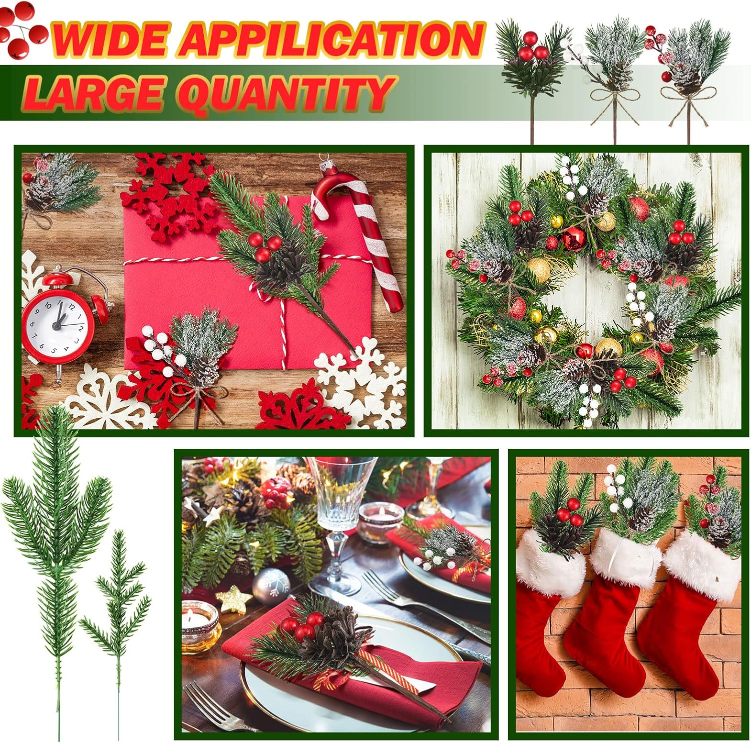 60 Pcs Christmas Artificial Green Pine Needles, Christmas Floral Picks Artificial Holly Red Berry Twig Stem Pine Snowy Cone Branches Garland Bulk for Xmas Tree Craft Holiday Winter (Elegant Style)