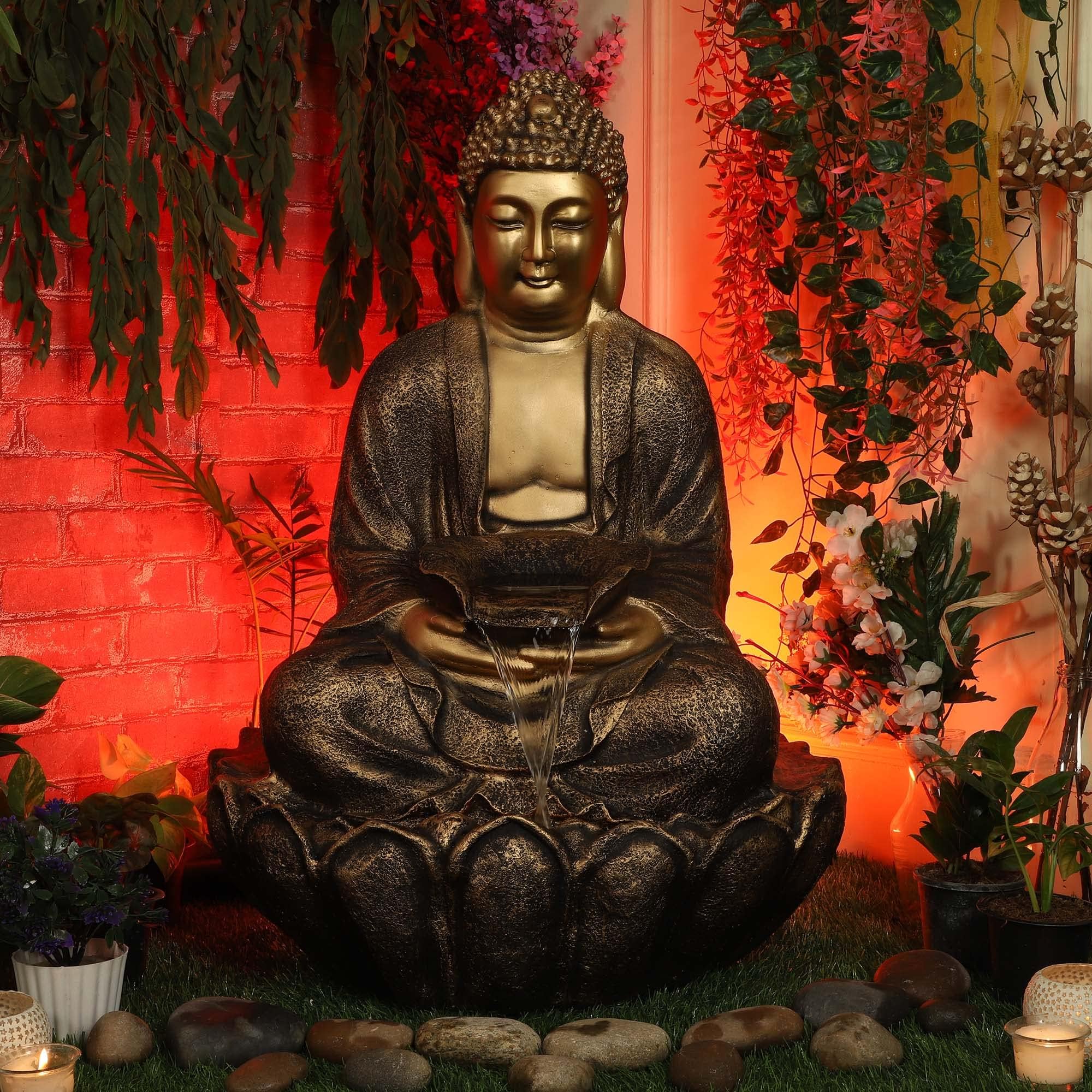 Buddha Resin Water Fountain Large for Home, Office & Garden Decor, Grey Color (Golden)