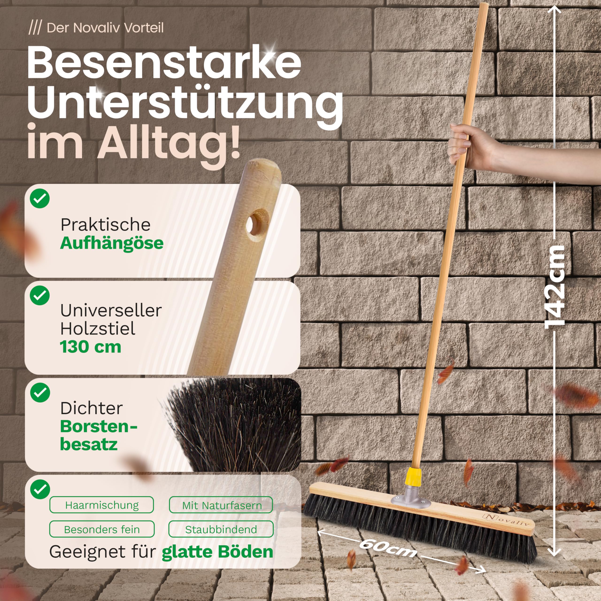 Novaliv 4X Saalbesen mit Rosshaar Mischung I 60cm mit Holzstiel I weiche Borsten Kehrbesen Hofbesen Feinstaubbesen