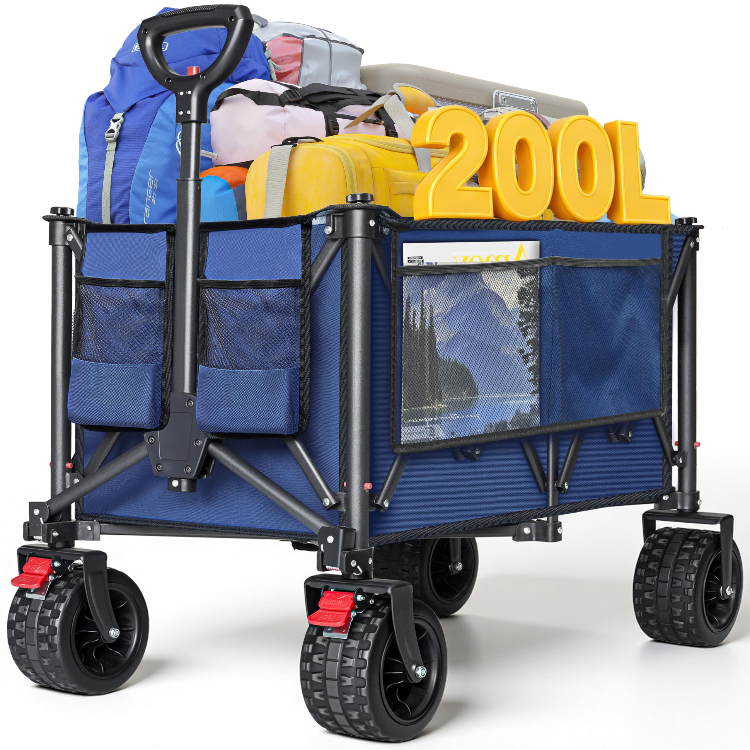 200L Festival Trolley on Wheels, 200KG Folding Wagon Cart with All-Terrain Wheels, Collapsible Camping Trolley, Adjustable Handle & Cup holders for Garden, Outdoor & Shopping, Blue