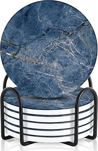 Emerson - Posavasos absorbentes para bebidas, juego de posavasos de piedra natural con soporte, posavasos para mesa de café, protección de mesa de