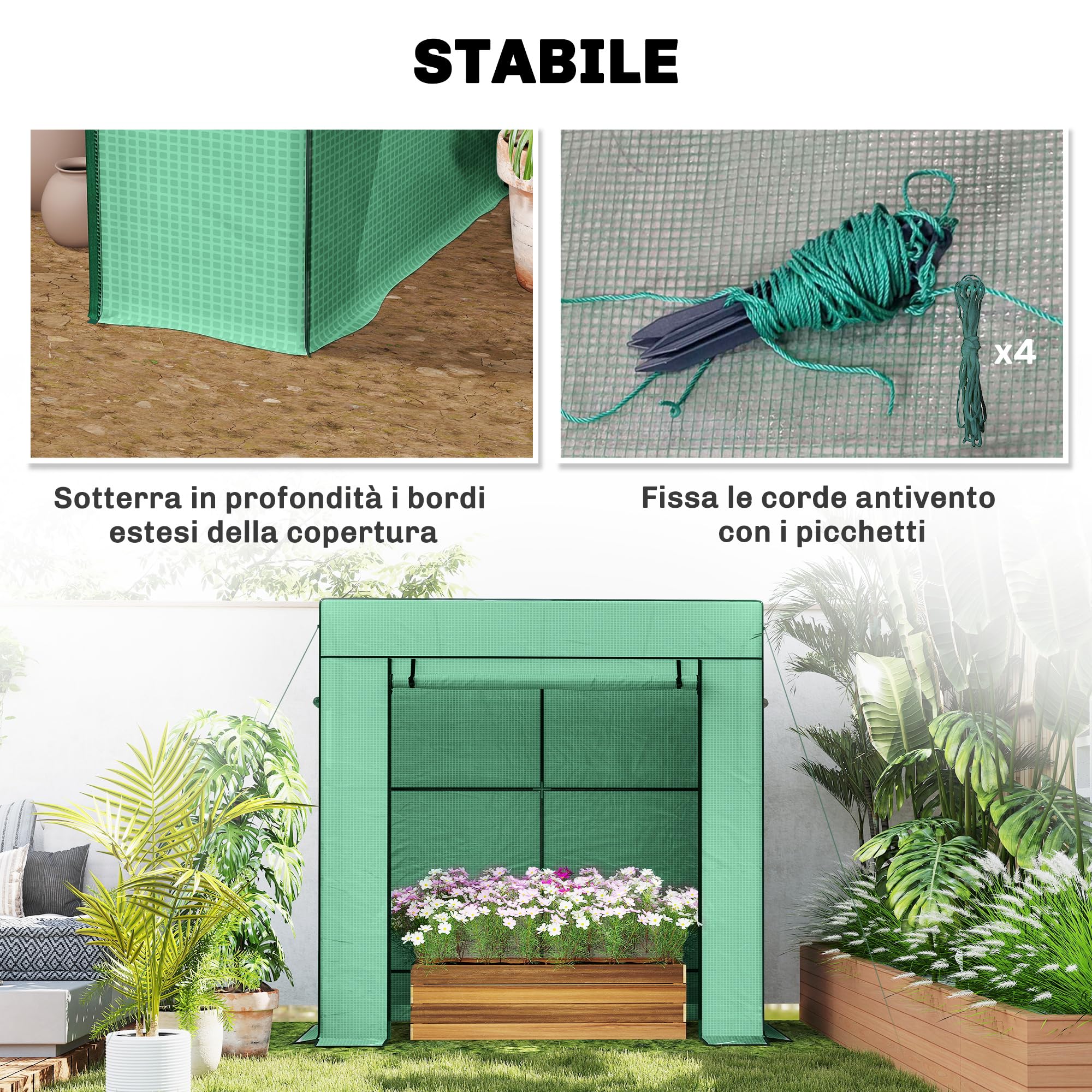 Outsunny Serra da Giardino con Tetto Inclinato, 2 Finestre e Porta Avvolgibili, Serra per Orto con Struttura in Acciaio, Copertura in PE Anti-UV, per Orto Verdure Fiori Piante, 196x77x197 cm, Verde