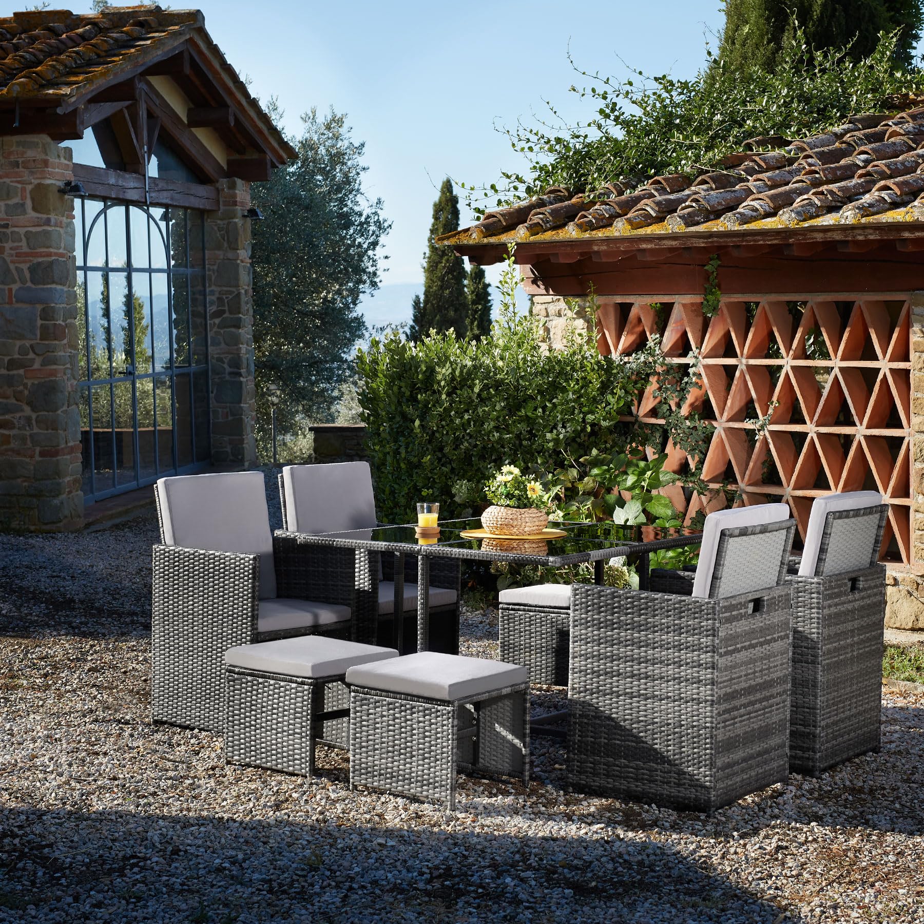 Tectake Salon de Jardin Extérieur en Poly Rotin - Table, 4 Chaises, 4 Tabourets, Housse de Protection - Mobilier Balcon Terrasse - Marron Naturel