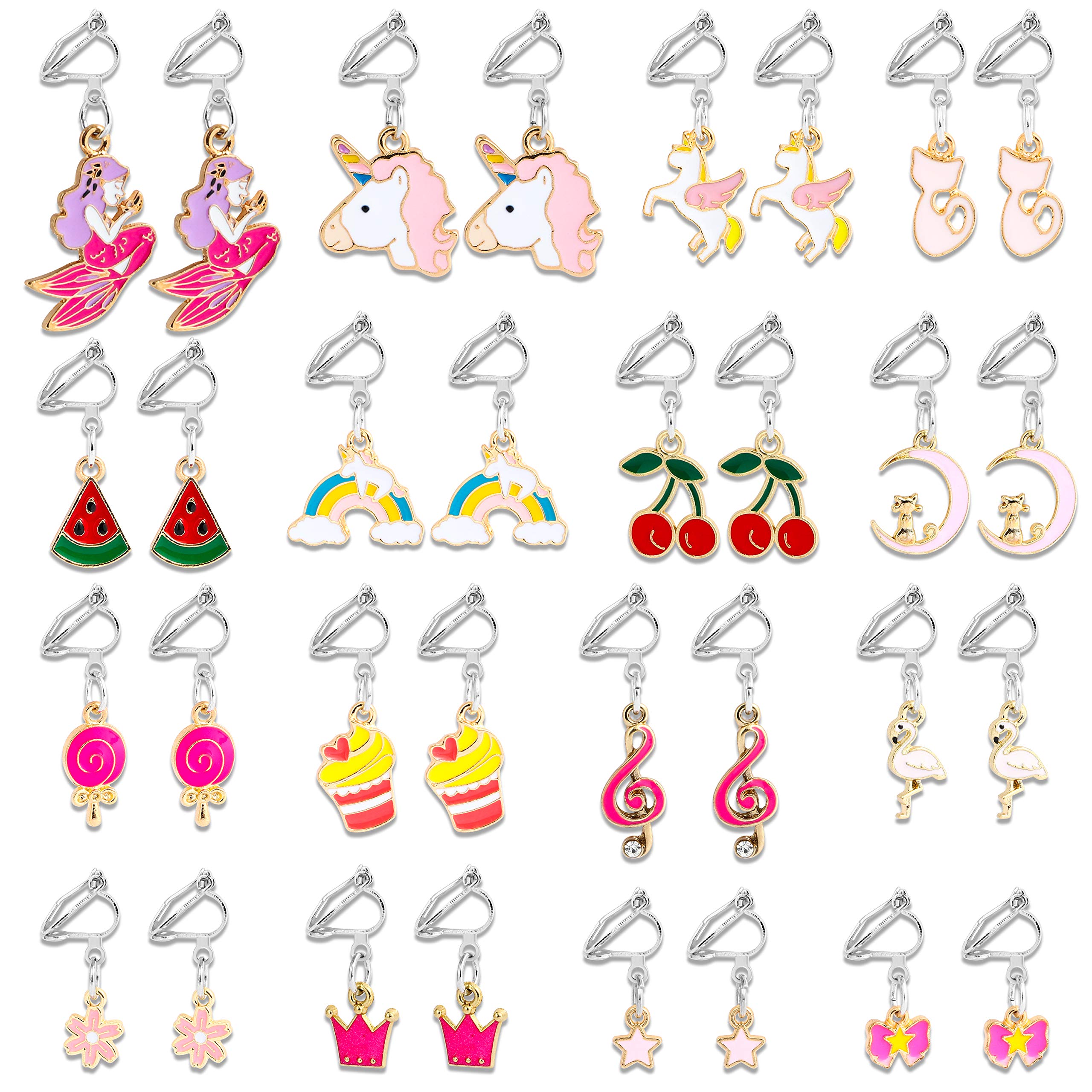 WATINC 16 Pairs Clip on Dangle Earrings Set Unicorn Mermaid Earring Cherry Flamingo Rainbow Flowers Lollipop Fashion Cute Colorful Dress Up Accessories Birthday Gift for Girls and Women