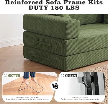 Vipbear 3 Seater Boneless Sofa Bed,Modular Convertible Couch,Pull Out,Green
