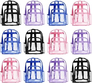 12 Pack 16" Clear Backpack Transparent Heavy Duty Water Resistant PVC for Sports, Stadiums, Festivals, Concerts (Assorted Colors (Black/Blue/Purple/Pink))