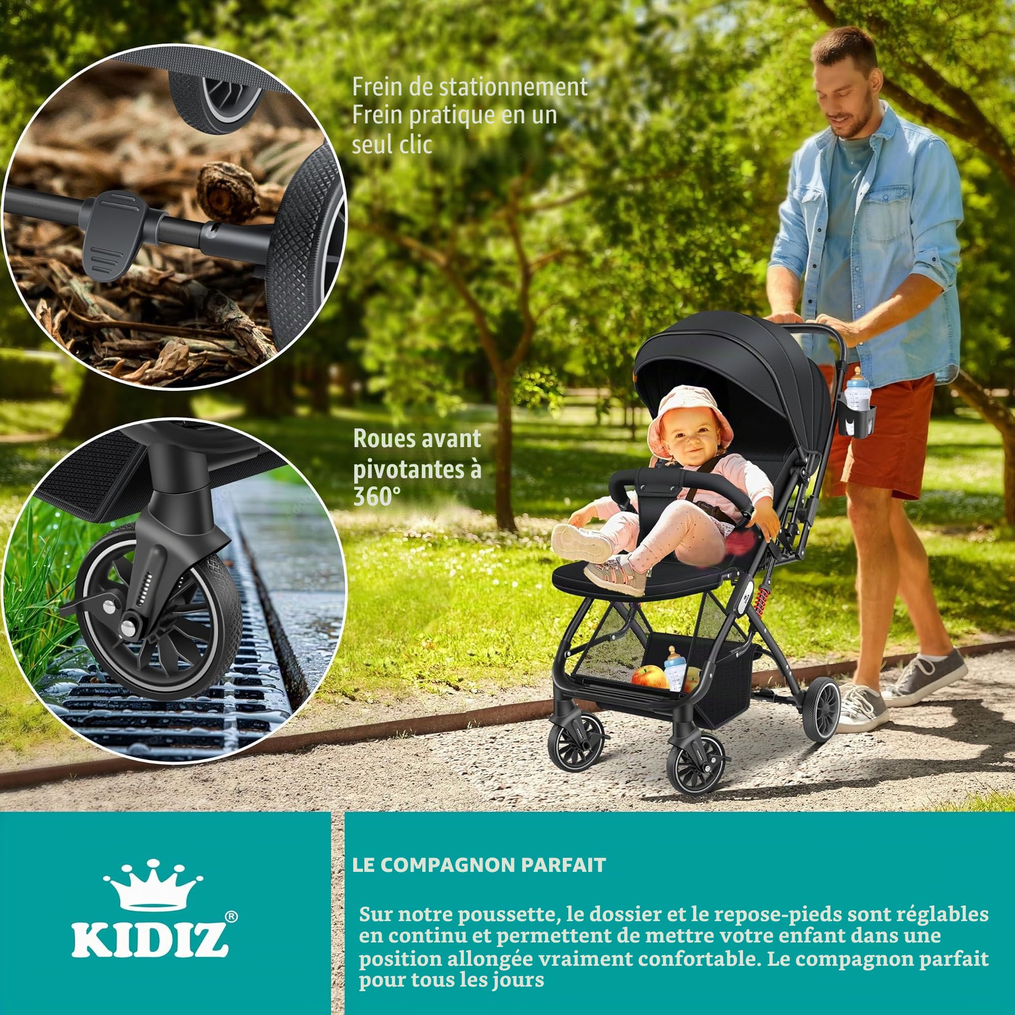KIDIZ Poussette pliable pour enfant - Roues à 360° - Sangle à 5 points - Avec chancelière - Porte-gobelet, housse de pluie et moustiquaire - Dossier réglable et capote pare-soleil