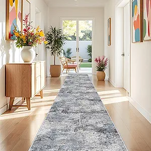 RUUGME Washable 3x25 Runner Rug - Living Room Abstract Rugs Soft Indoor Low Pile Carpet for Bedroom Kitchen Non Slip Backing Stain Resistant Distressed Floor Decor Machine Washable Mat 3x25 Blue