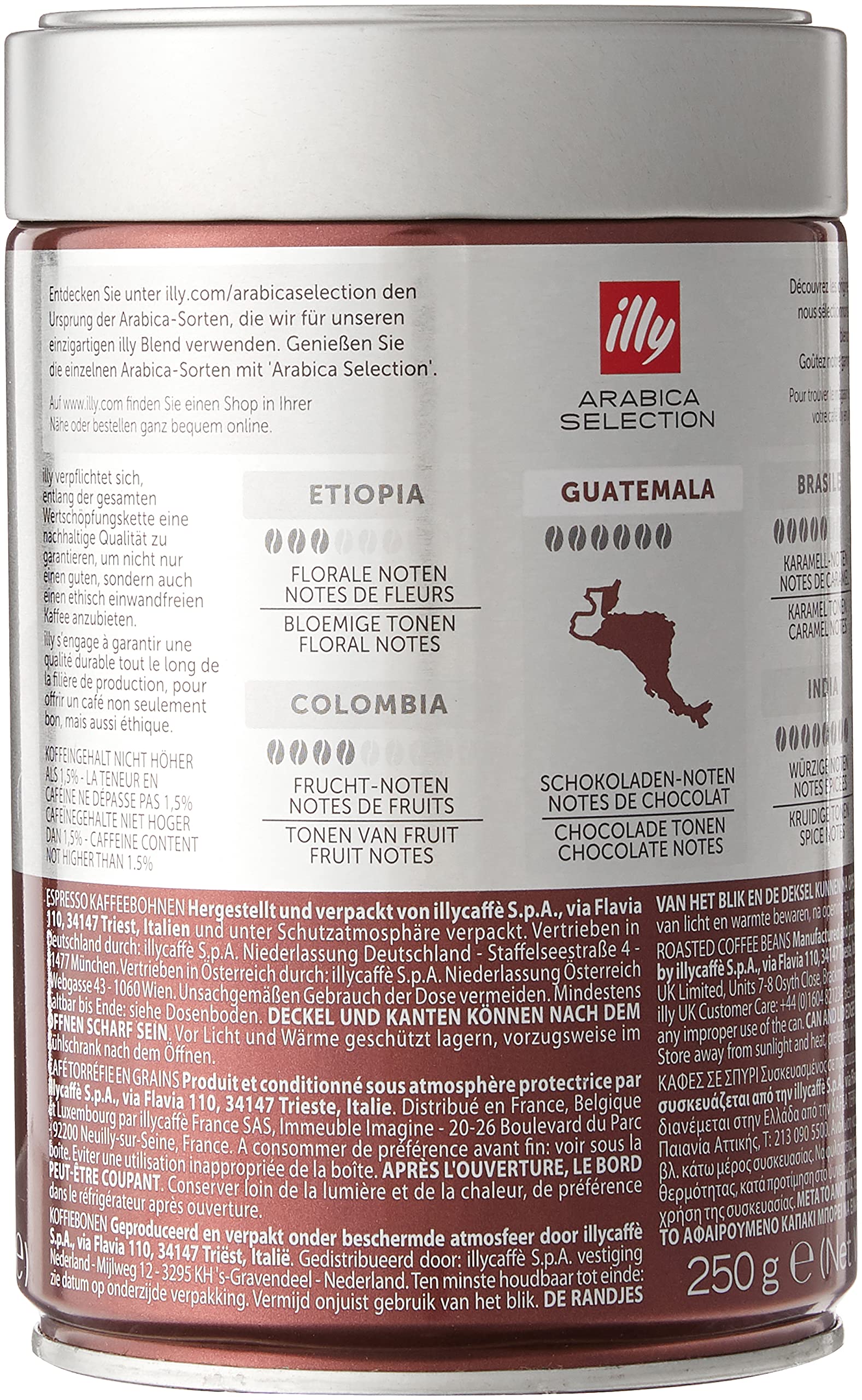 Illy Café en Grano Torréfié Arábica Selección Guatemala, 6 cajas de 250 g