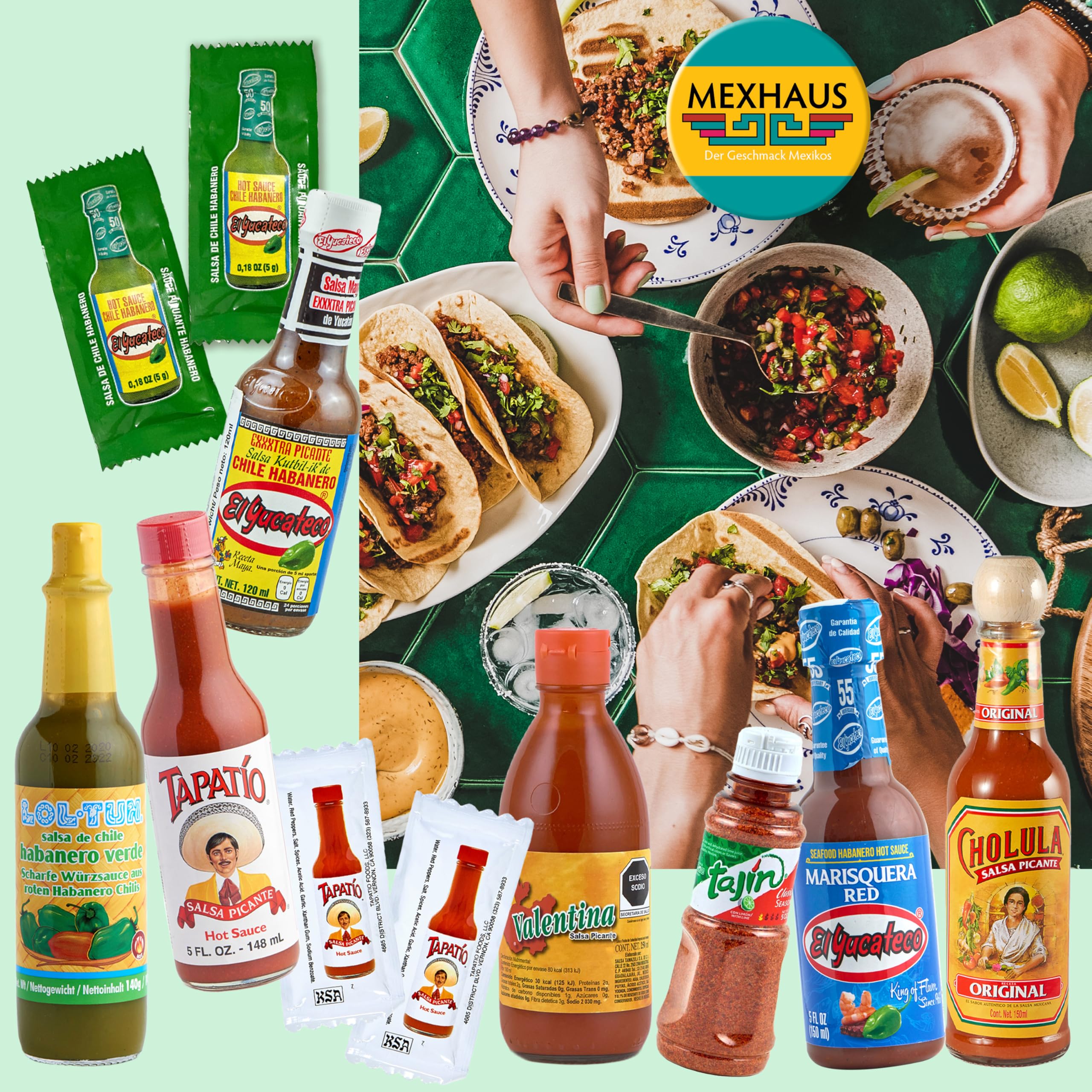 Tajín El Tapatio Valentina El Yucateco Cholula Lol-Tun Scharfe Soßen Set 7 Sorten Mexiko