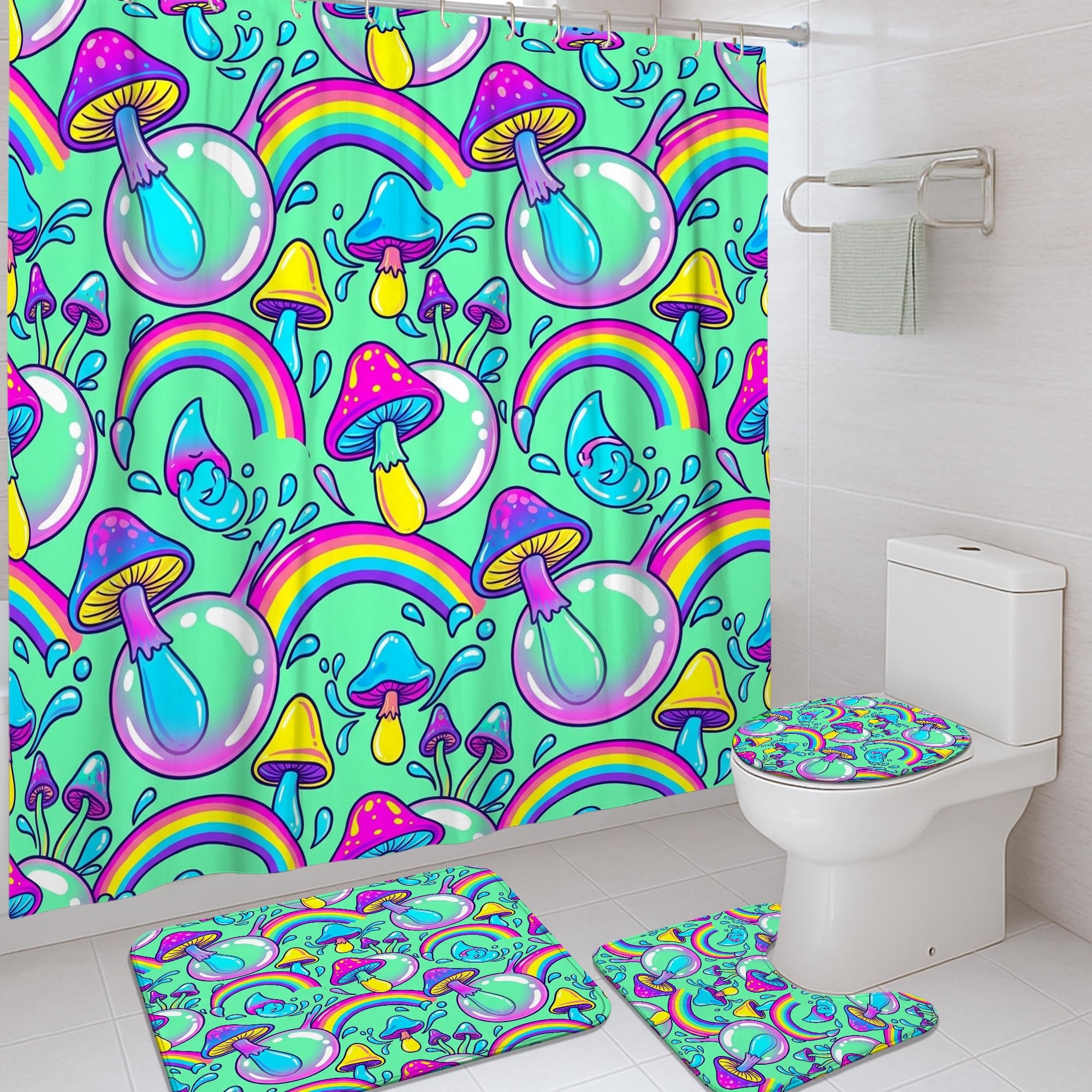 Rideau de douche motif champignons déco ludique salle de bain