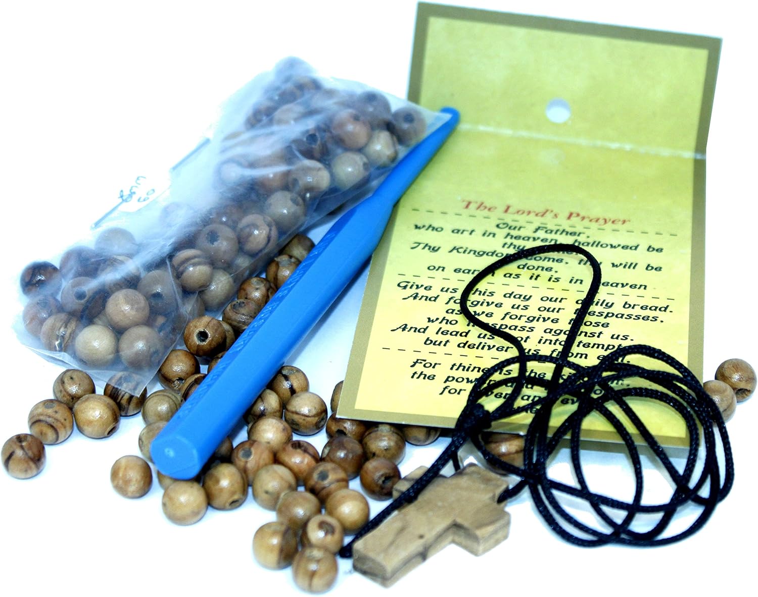 Holy Land Market Rosary Making Kit - DIY Rosary Beads Kit with 6mm & 8mm Olive Wood Beads, Knotting or Threading Tool, Olive Wood Crosses