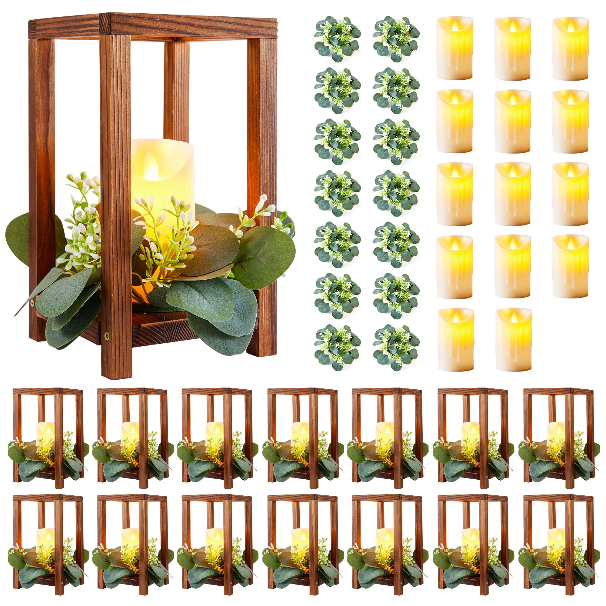 42 pcs /14 set wedding lantern centerpiece for table-wooden candle lantern bulk includes 14 farmhouse wooden candle holder 14 flameless led candles 14 eucalyptus leaves wreath for decoration
