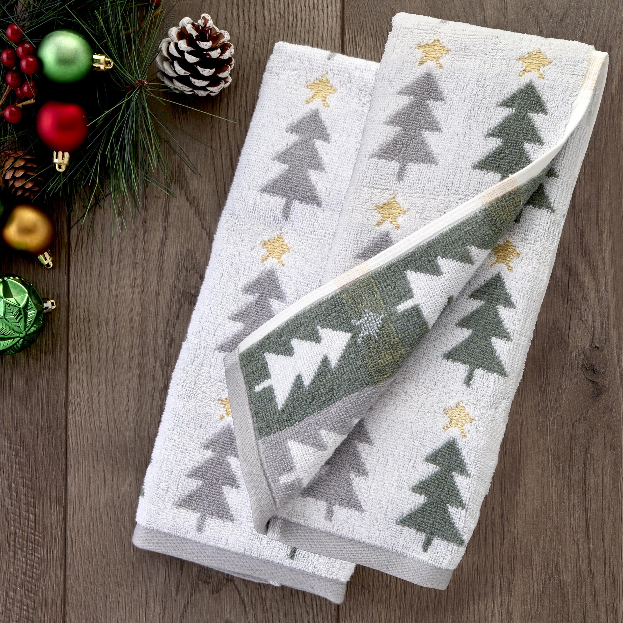 SKL Home Christmas/Winter Multi Trees 100% Cotton Premium 2-Piece Hand Towel Set, 500 GSM, Reversible Jacquard, Soft & Absorbent, Decorative for Bath/Kitchen/Bar, Multi