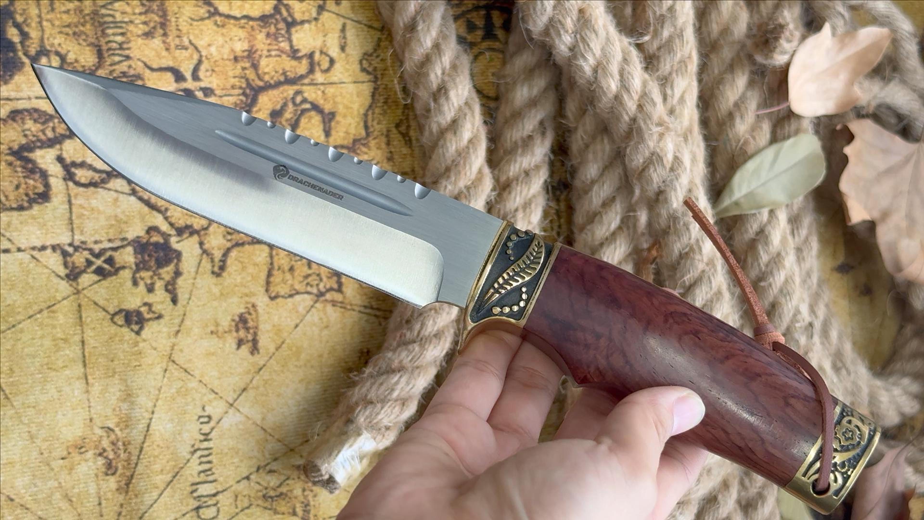 DRACHENADER Fixed Blade Hunting Knife with Leather Sheath YU-LN