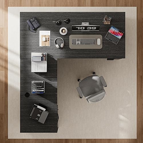 Miniatura 9 de Escritorio ejecutivo en forma de L ajustable de altura de 66.93 pulgadas con marco premontado, cajones y estantes (gris)