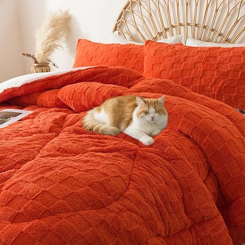 Miniatura 5 de ELNIDO QUEEN® Juego de edredón esponjoso Twin, edredón de forro polar de invierno naranja quemado, ultra suave y extra esponjoso, juego de edredón