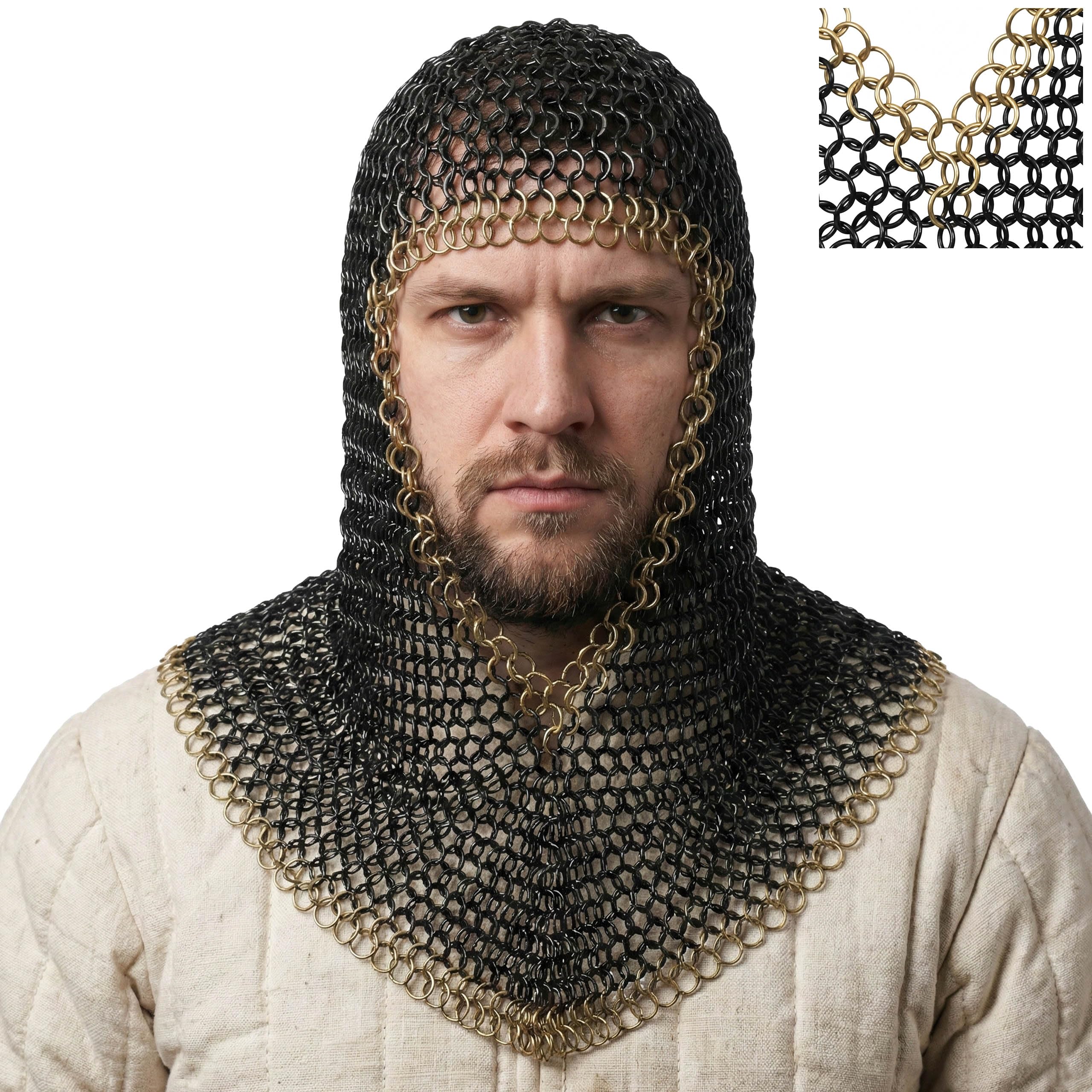 Mythrojan Unisex Black & Brass Chainmail Coif Hood 10Mm 16Gauge Mild Steel With Brass Edges Armor For Knight, Viking, Larp, Renaissance Fairs, Reenactments - Large, Black