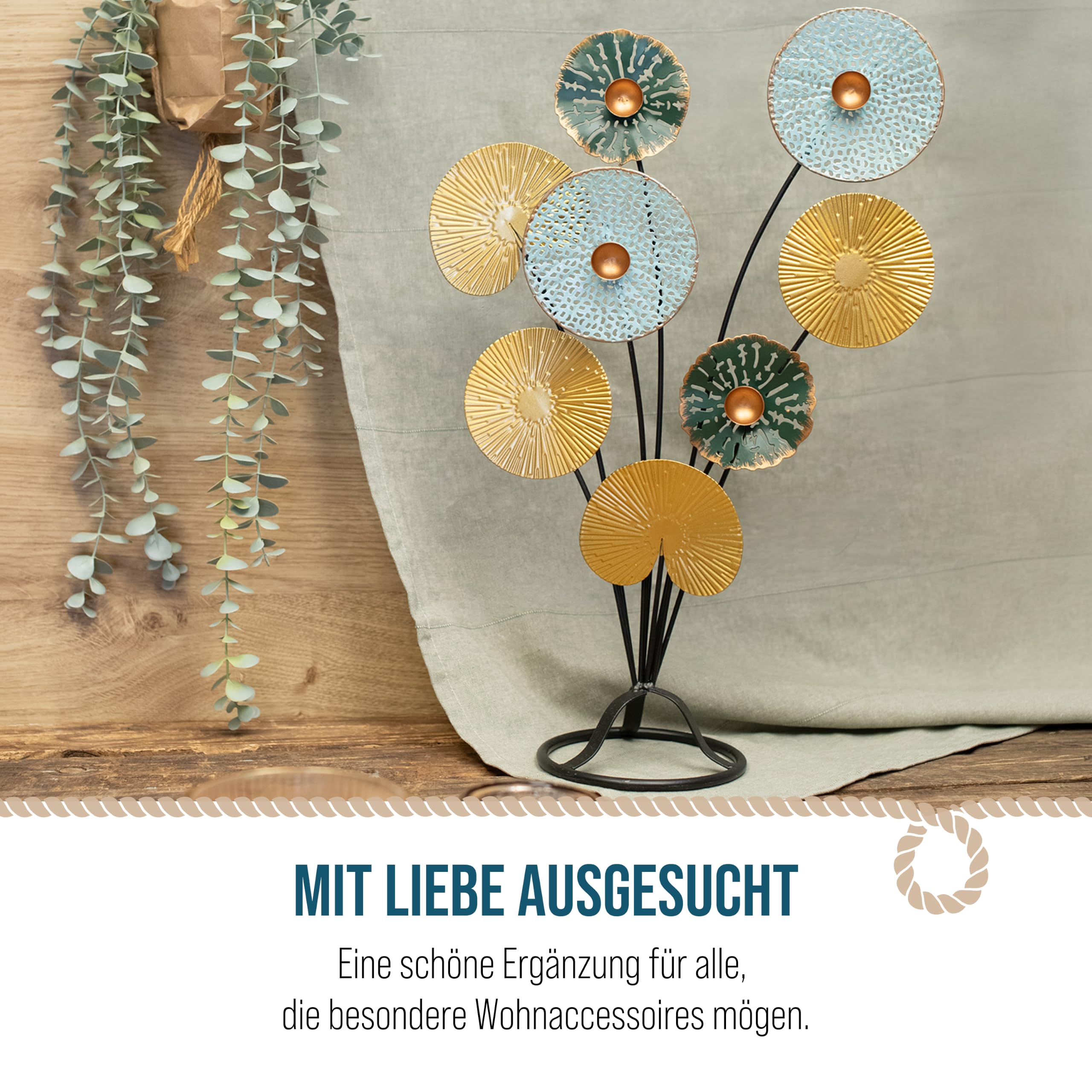 Logbuch-Verlag Dekoobjekt Metall Blumen 53 cm zum Hinstellen - Skulptur Blätter Baum in Gold Türkis Schwarz - Tischdeko Wohnzimmer Geschenk Geburtstag Hochzeit