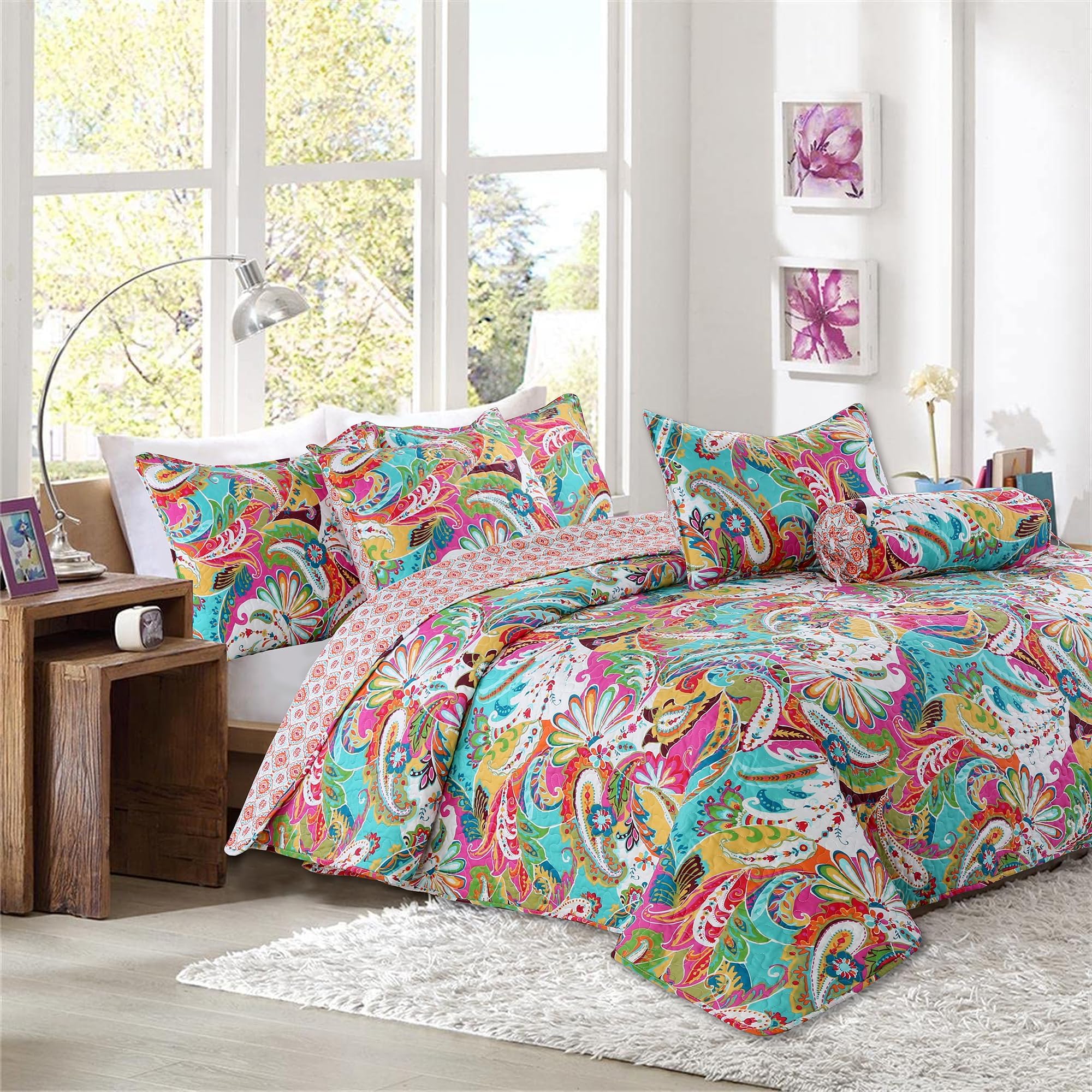 Cozy Line Home Fashions Gorgeous Paisley Floral Bloom Reversible Quilt Bedding Set, Bedspread Coverlet Lightweight for All Seasons (Flourish, Queen - 3 Piece)