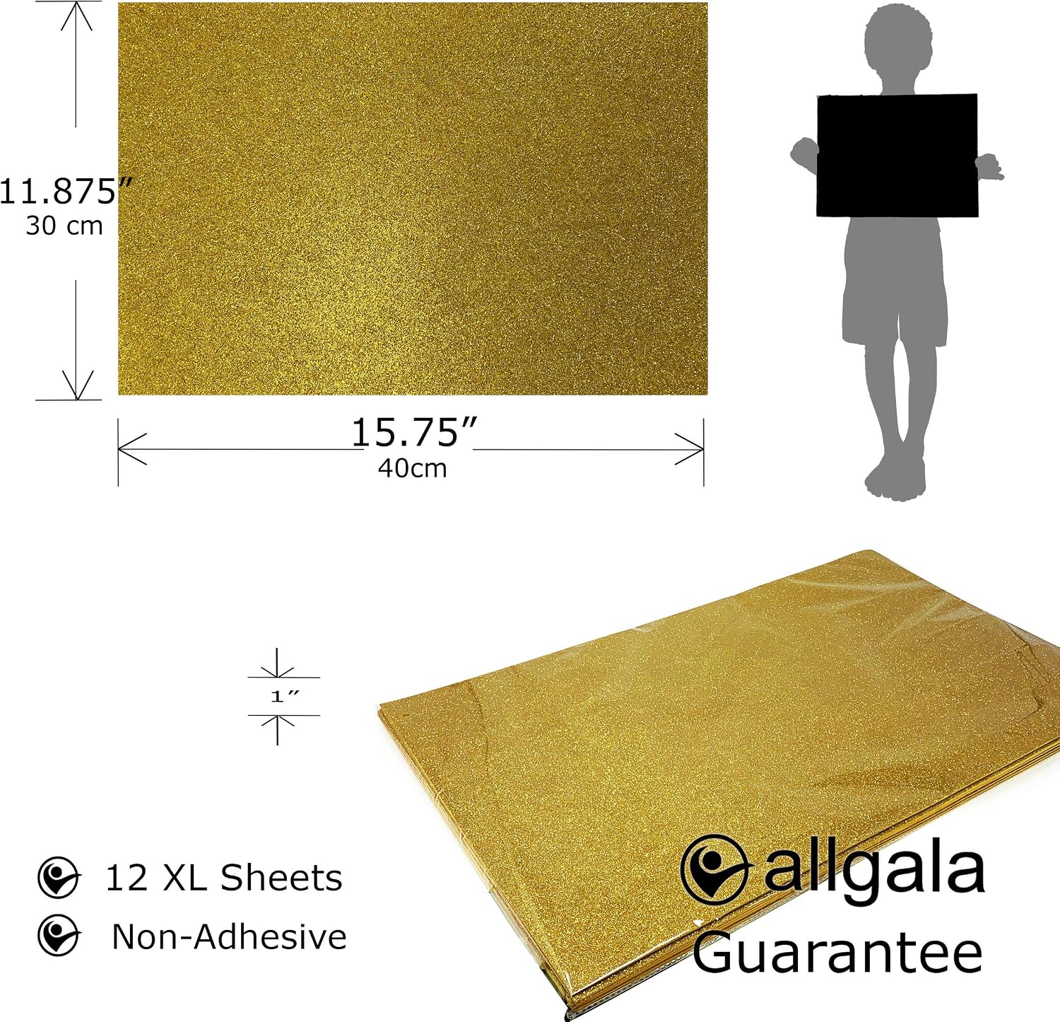 Allgala X-Large Glitter EVA Foam Sheets 12 Pack 12x16 inch (30x40cm) Paper Sheets-Gold Color-for Arts Crafts Projects, Classrooms, DIY Projects, Back to School Suppliers, Art Class image 2