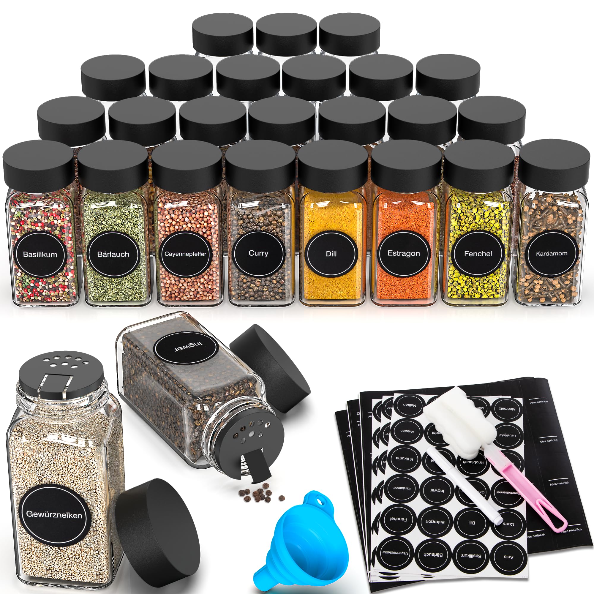 Gewürzgläser mit Streueinsatz - 48x 120ml + 240 Etiketten - Luftdicht | Wasserfeste Etiketten - Luftdichte Gewürzgläser Eckig - Gewürzstreuer Glas - Spice Jars Set - Gewürzbehälter - Schwarz