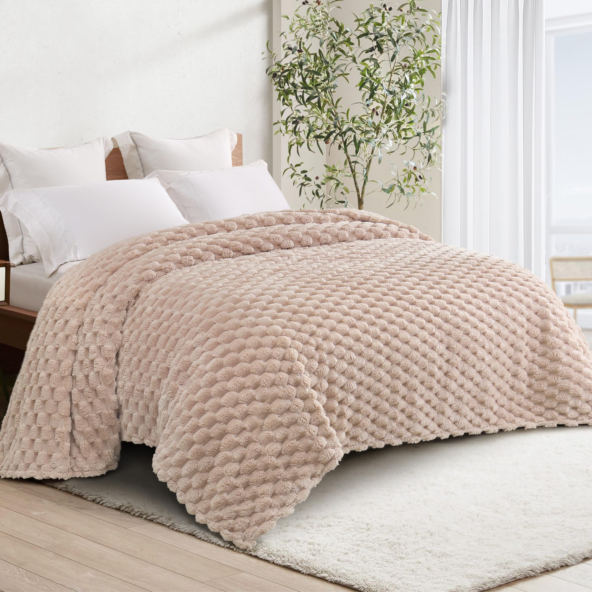 Whale Flotilla Queen Size Blanket for Bed with Jacquard Pattern, Fuzzy Soft Cozy Exquisite Blankets for All Season, Warm and Fluffy, 90x90 Inch, Camel