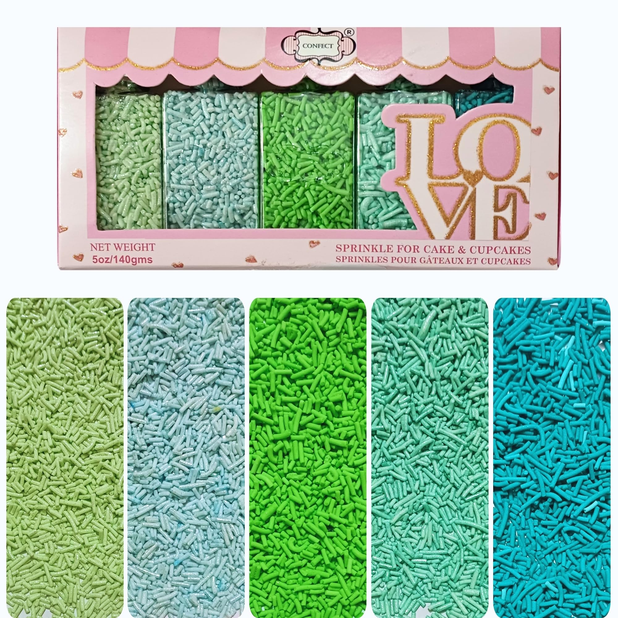 Confect Sprinkles for Cakes & Cupcakes Decoration | Jimmies pack of 5 Jungle Safari Sprinkles | Pastel Green, Sea Blue, Neon Green, Cyan & Teal Jimmies - 100 grams