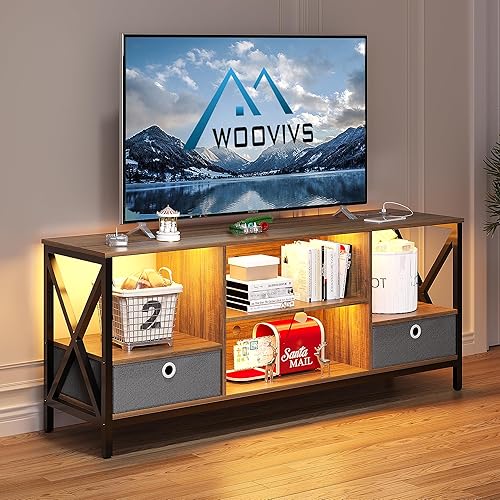 WOOVIVS Soporte de TV LED con estación de carga USBinalámbrica, mesa consola de TV con cajón de tela, soporte de televisión con luces LED de