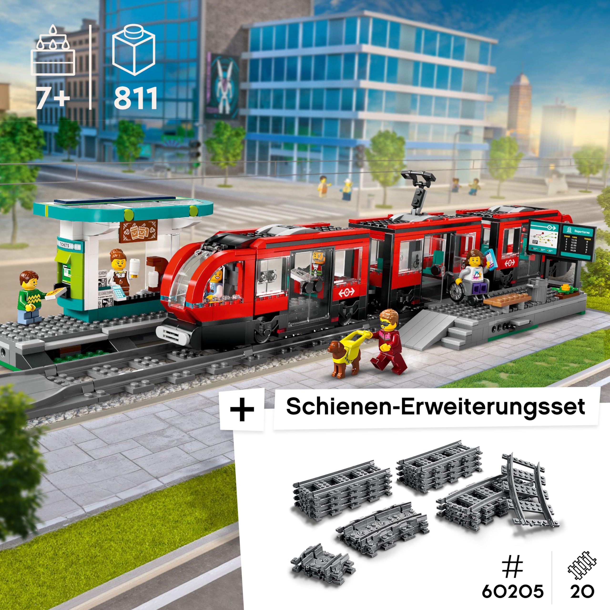 LEGO City Straßenbahn mit Haltestelle (60423): Schienen Erweiterung (60205) - Teil der Neuheiten 2024, Bahn mit Bahnhof und Schienen