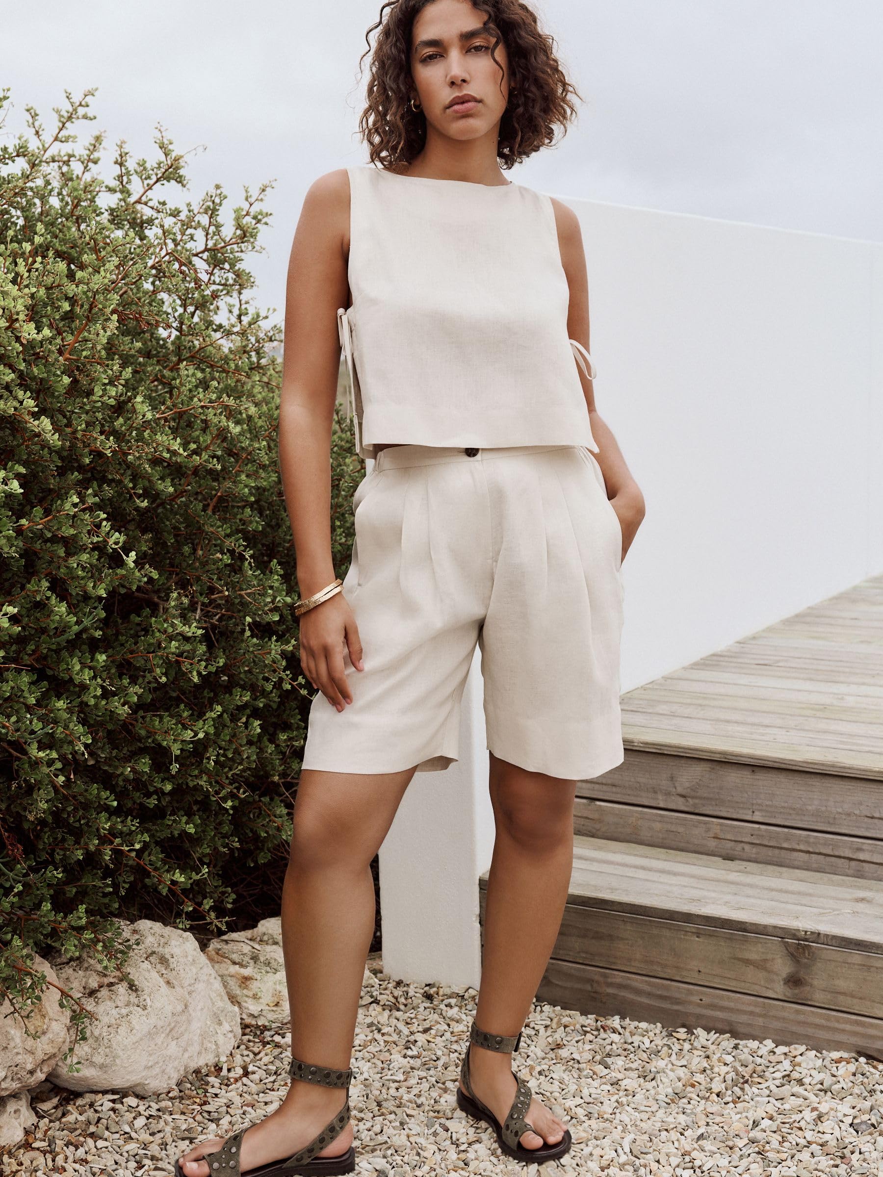 NEXT Femme Bermuda en Lin | Coupe standard, Taille mi-haute, Cordon de serrage