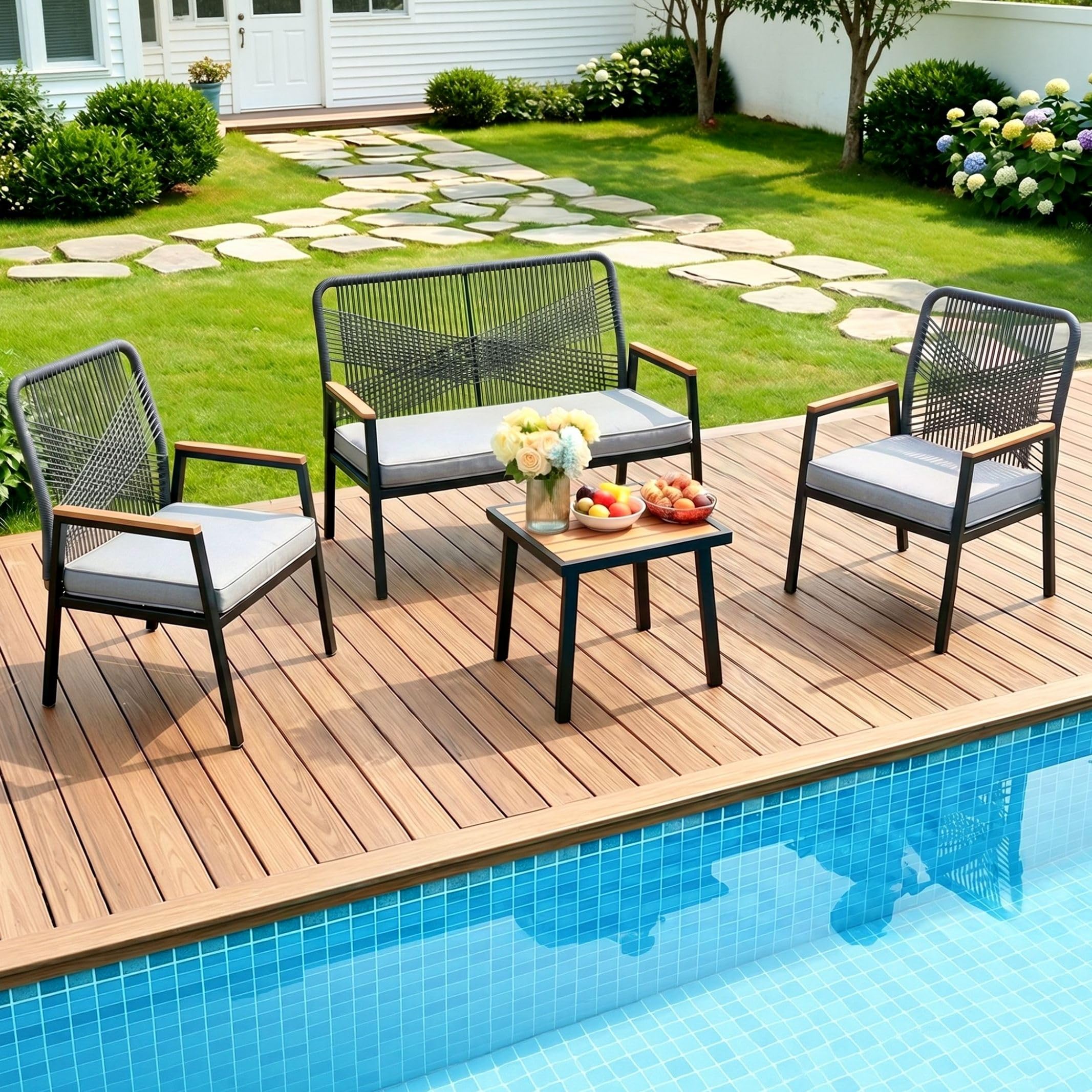 LIFERUN Gartenmöbel Set, Gartenstuhl Rattan Set, mit 2 Rattan Stühlen 1 Gartenbank und Tisch, 4-teiliges Gartenset, Outdoor Balkonmöbel Metall und Rattan, Bis 160 kg, für Terrasse Garten Veranda, grau