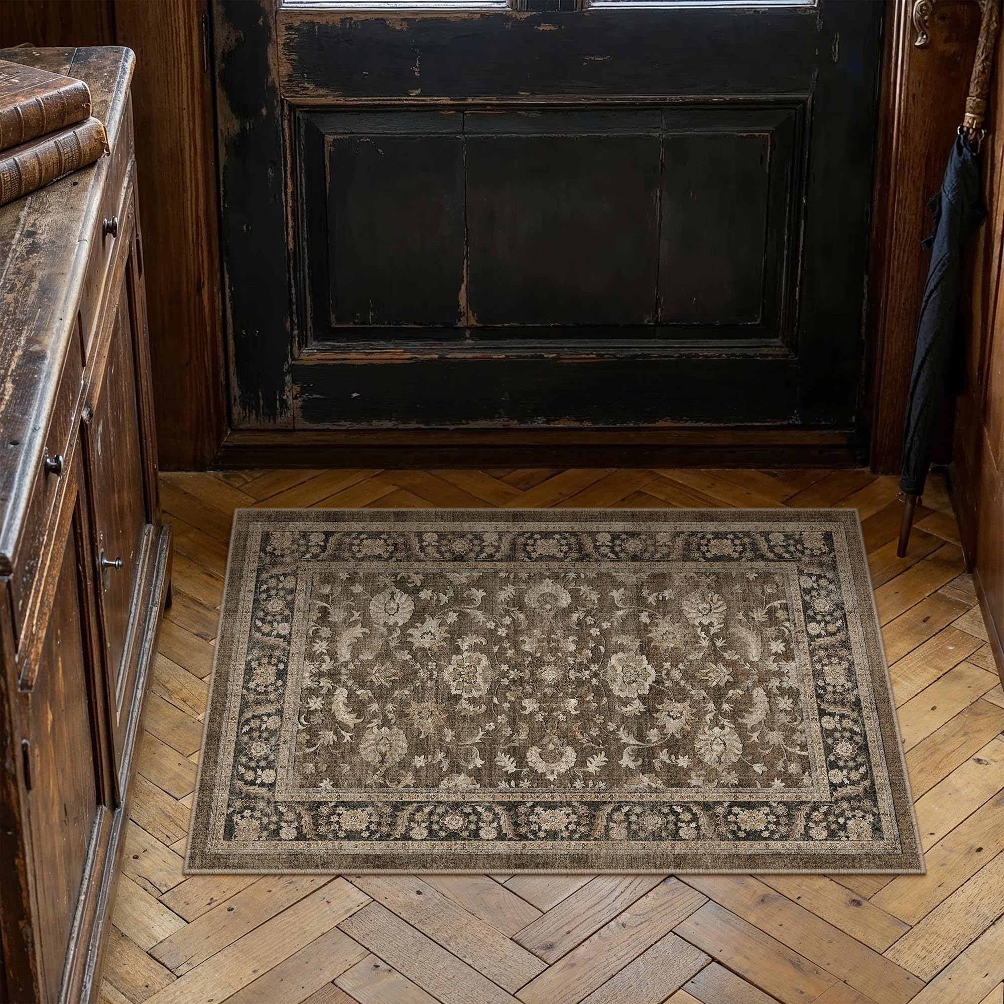 PureCozy Brown Small Entryway Rug 2x3 Vintage Floral Distressed