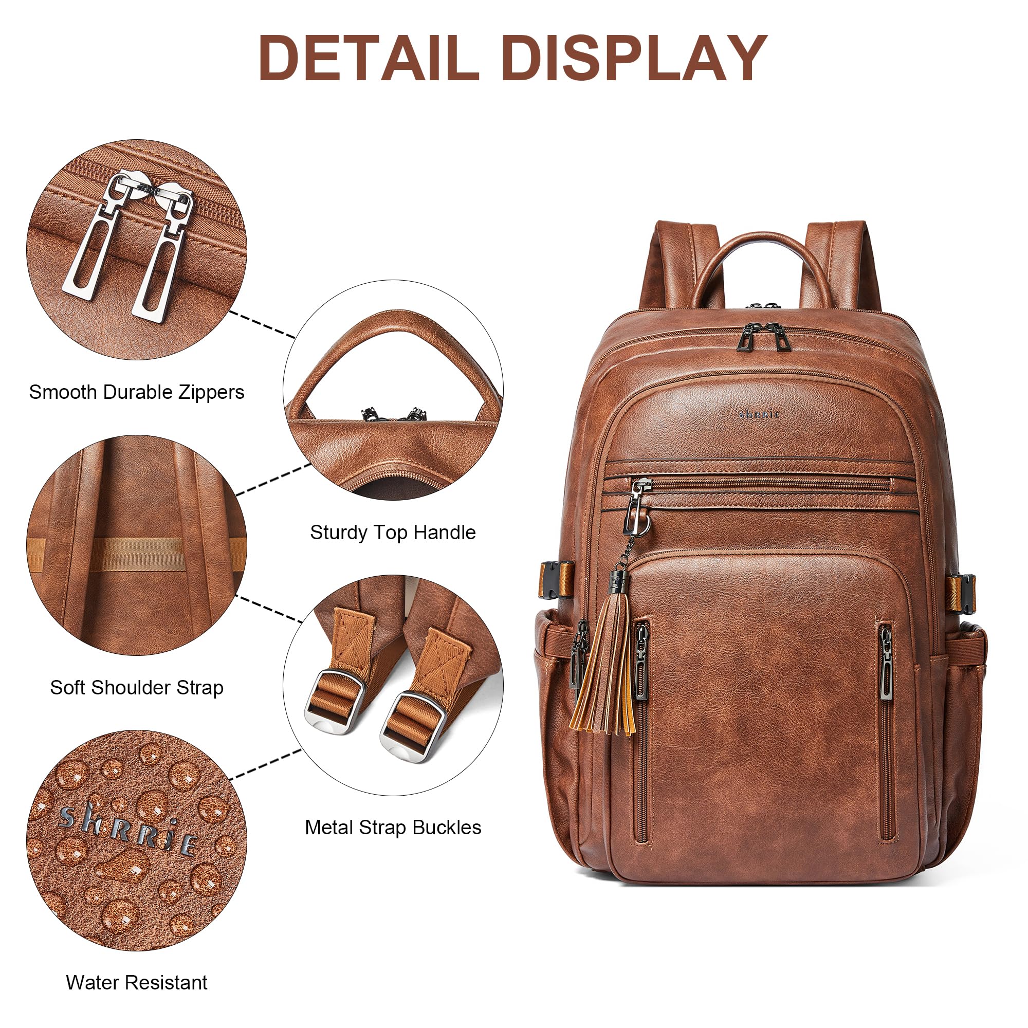 Shrrie Sac à dos en cuir unisexe 28L avec compartiment pour ordinateur jusqu'à 17". Port USB,Pochette RFID,idéal pourde voyage travail, études et week-end.