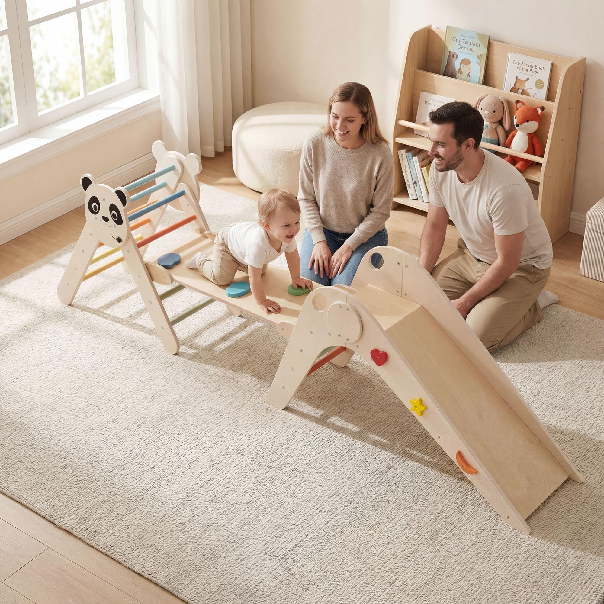 RELAX4LIFE 4 in 1 Triangolo da Arrampicata, Arco da Arrampicata in Legno con Scala e Scivolo, Rampa a Doppia Faccia, Triangolo Giochi Montessori per Bambini 3+Anni (Beige)