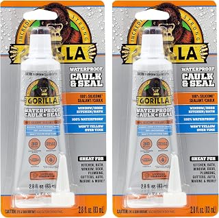 Gorilla 100% Silicone Caulk Clear Waterproof Sealant 2.8oz Squeeze Tube Pack of 2 - 10 Year Mold Resistant for Kitchen Bath Windows Doors