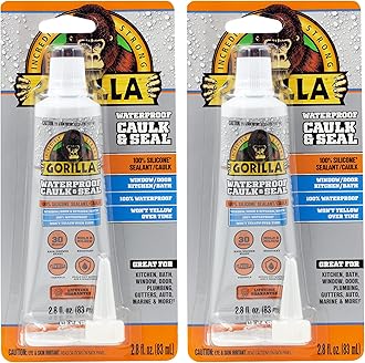 Gorilla 100% Silicone Caulk, Waterproof Sealant, 2.8oz Squeeze Tube (Pack of 2) – Clear -10 Year Mold Resistant Kitchen, Window, Bath, Marine, Door and More