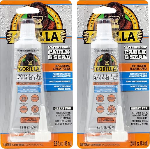 Gorilla 100% Silicone Caulk, Waterproof Sealant, 2.8oz Squeeze Tube (Pack of 2) – Clear -10 Year Mold Resistant Kitchen, Window, Bath, Marine, Door and More