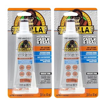 Gorilla 100% Silicone Caulk, 2.8 oz, 10 Year Mold Resistant, Clear, 2-Pack