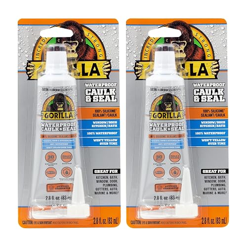 Gorilla 100% Silicone Caulk, 2.8 oz, 10 Year Mold Resistant, Clear, 2-Pack | Waterproof Sealant, Ideal for Kitchen, Bath, Window, Door, Marine