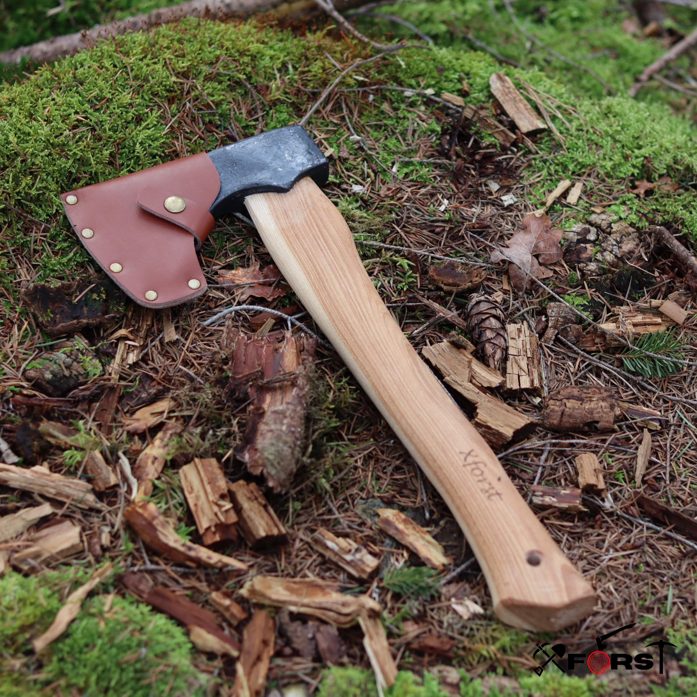 Xforst Hacha, Hachuela con vaina de cuero de acero al carbono forjado afilada, Hacha de mano de supervivencia - Modelo Vikingo X-TA5B