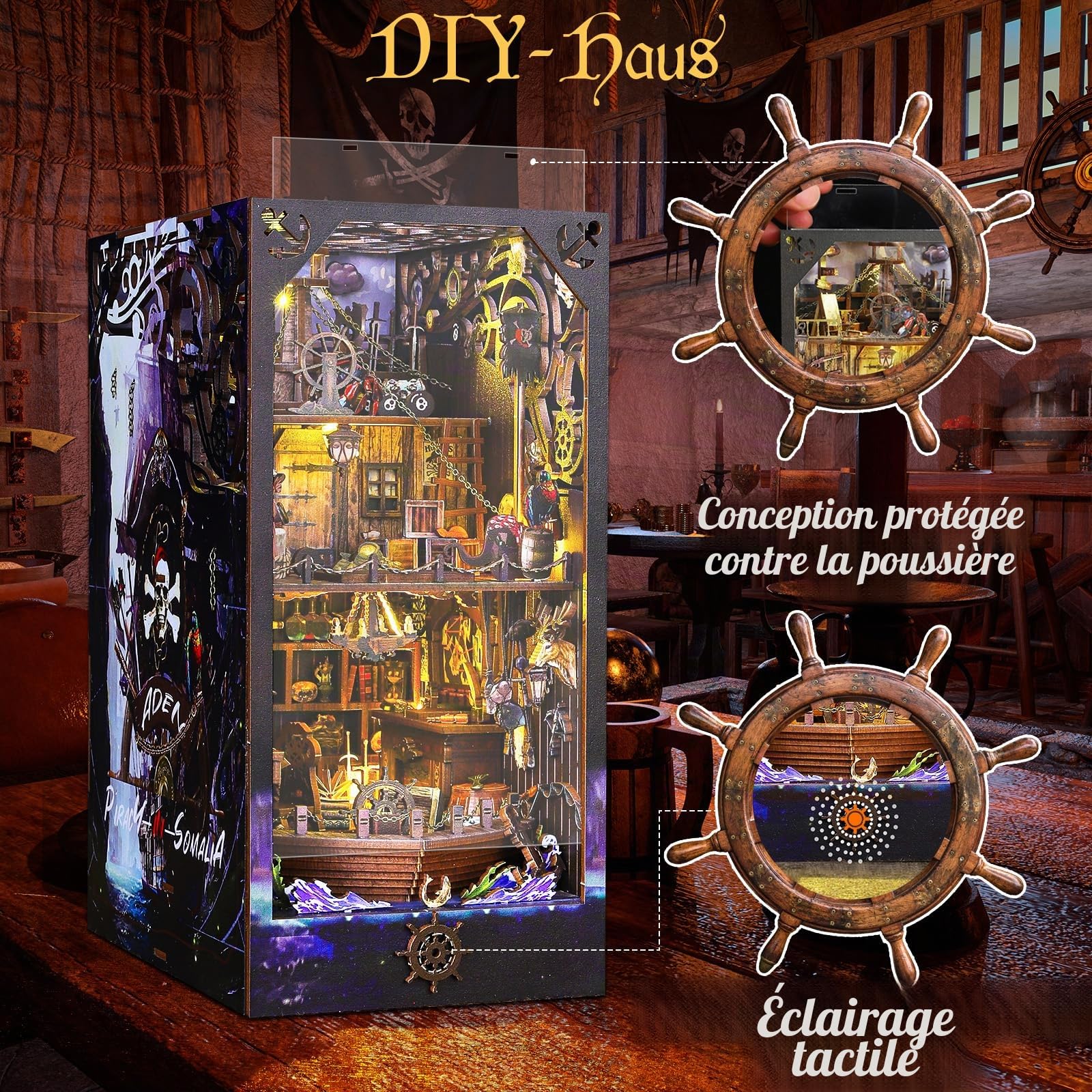 BuzzoXerex DIY Book Nook Kit, Miniatures Nook Bateau Pirate Miniatur Haus Selber Bauen Miniatur Haus Selber Bauen avec Lampes LED, Maquette en Bois a Construire avec Meublé (Aden)