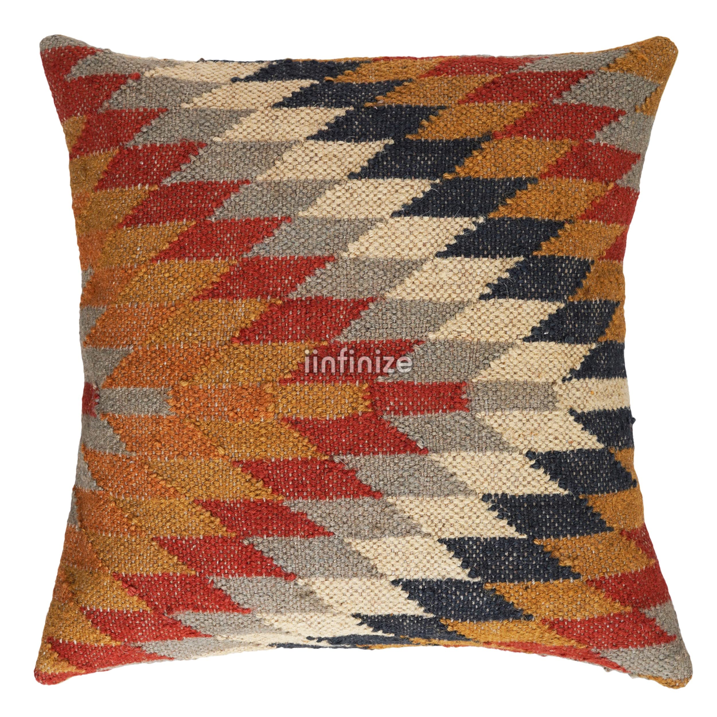 Housse de coussin Kilim fait main en laine et jute 45x45 cm de style ethnique