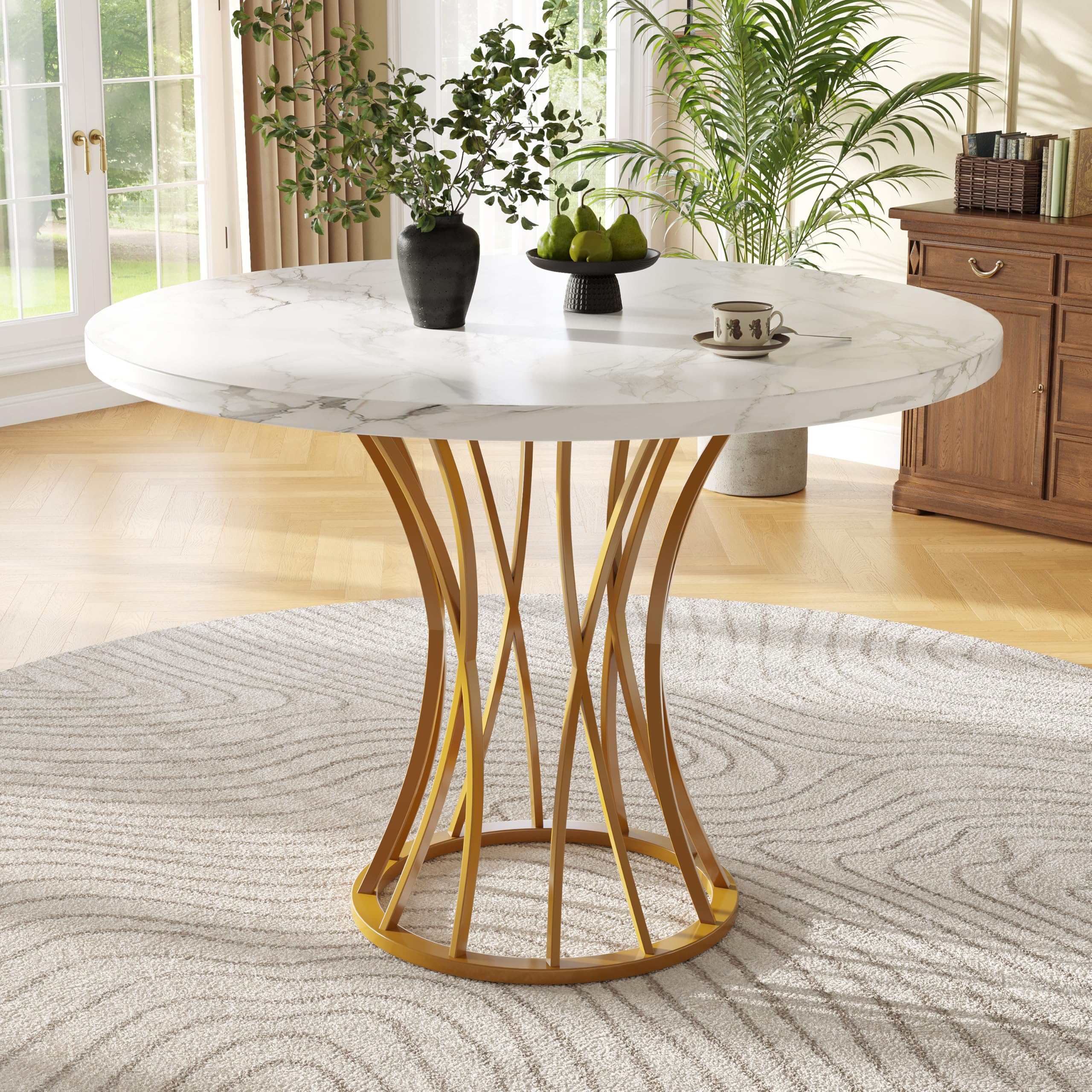 Merax Tavolo da pranzo rotondo 80 x 80 cm, bianco marmo, tavolo da pranzo per 2-4 persone, telaio in metallo, gambe regolabili, design industriale, adatto per ristoranti, soggiorno, cucina, sala da
