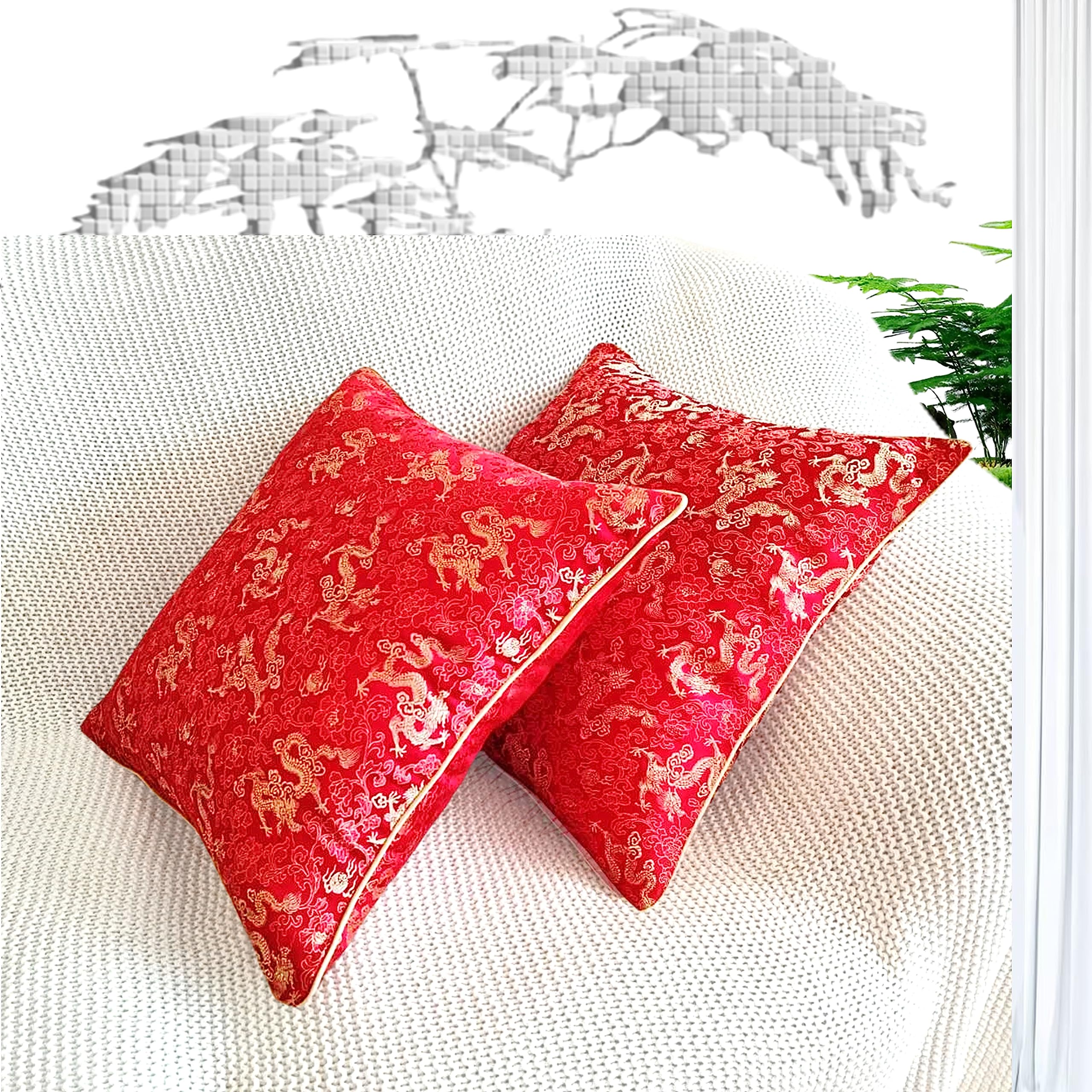 Throw Pillow Covers 18x18 Silky Style with Jacquard Patterns and Rope Border Making Red Throw Pillows for Couch, Sofa, Bed, and Christmas Décor No Inserts (Color: Red & Gold, 18x18 in)