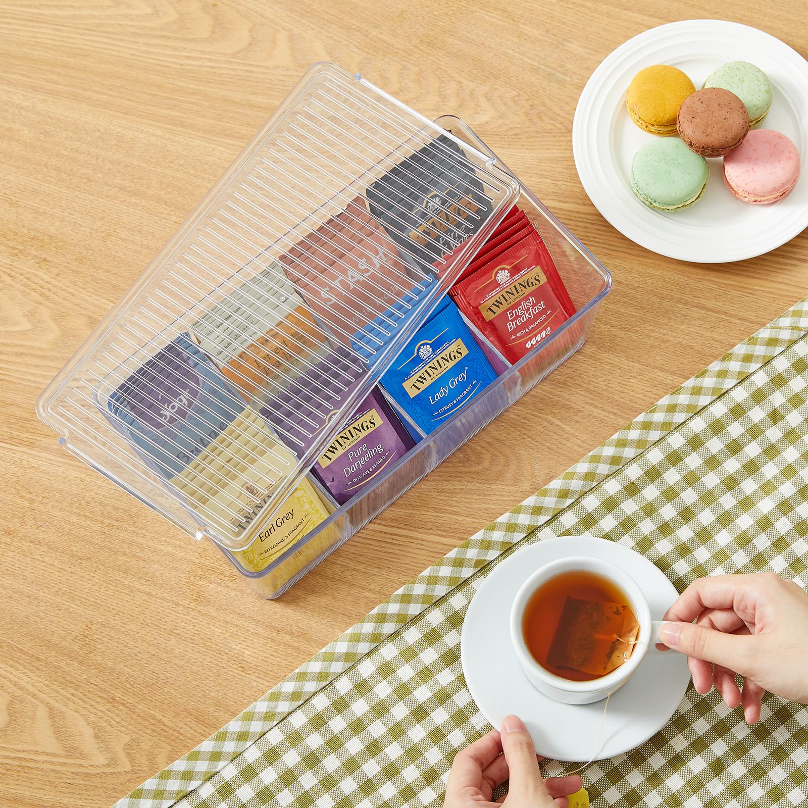 Lifewit Scatola da tè, Porta Tisane, Scatola Portaoggetti Plastica, Scatola da tè con 8 Scomparti, Porta Bustine The e Tisane, Scatola Spezie per Cucina, Cassetto, Trasparente, 2 Pezzi, 29cm(L)