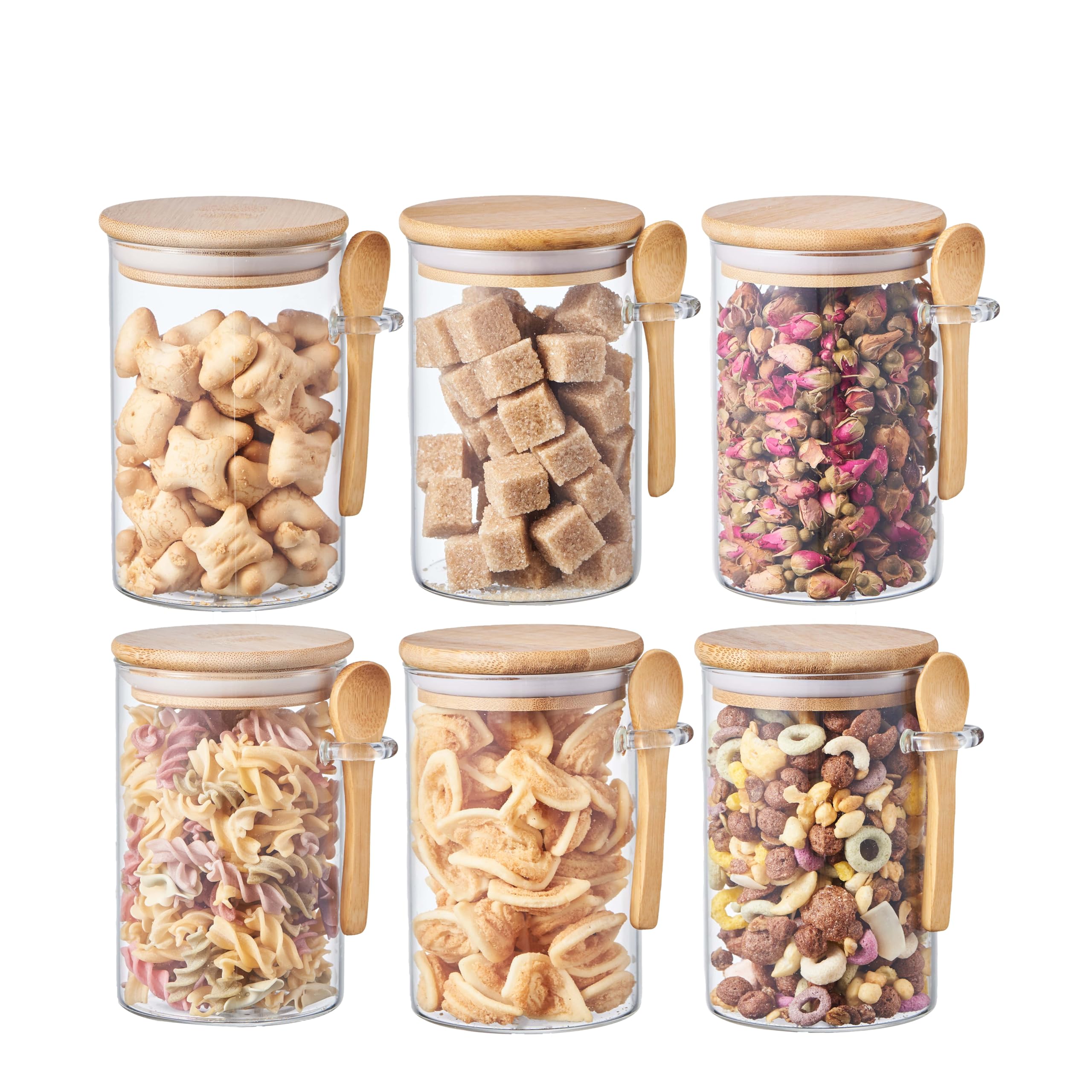 Ornami Clear Airtight Glass Pantry Storage Canister Jar With Bamboo Lid & Spoon | Bpa-Free, Kitchen Organisation Jar - Set Of 6 (0.5L, Round)